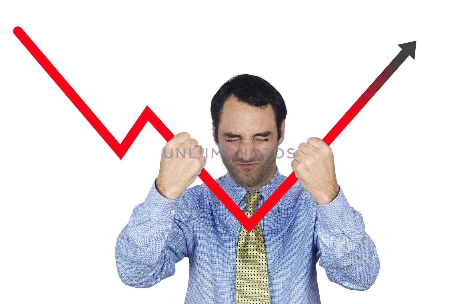 A young business man bending the chart with his own hands. Isolated on white.