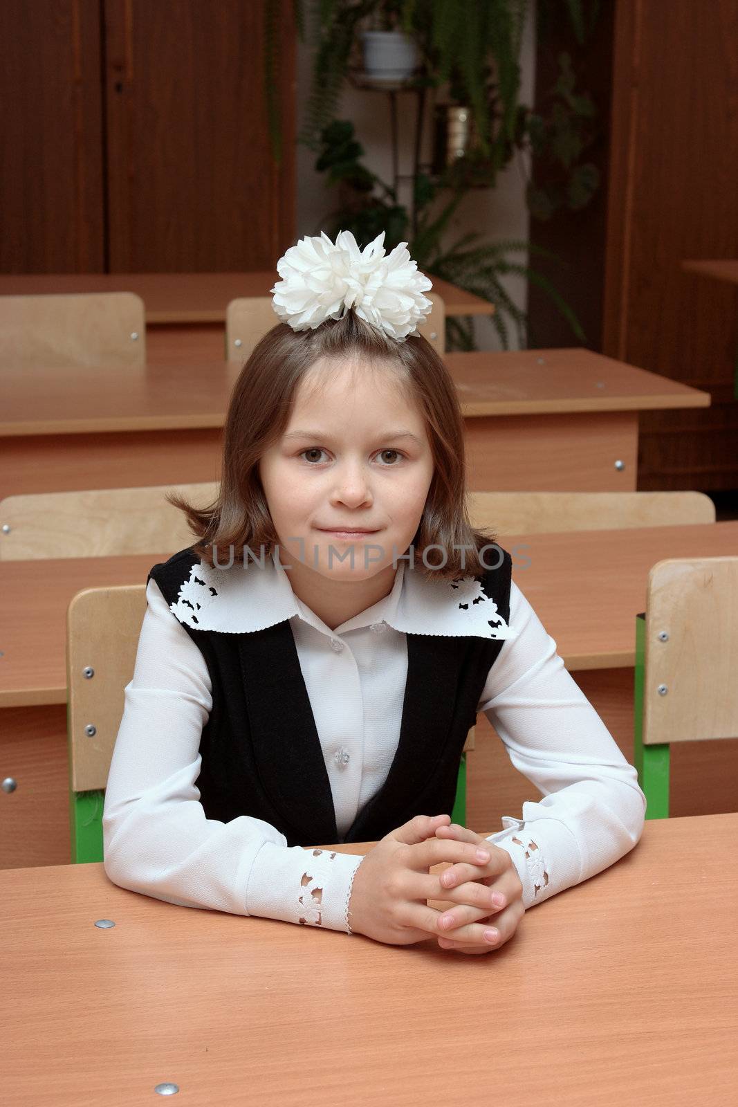 The girl the schoolgirl sits at a school desk