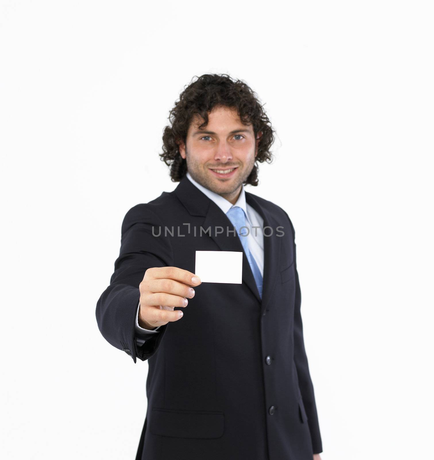 Man with business card in the hand  isolated on white