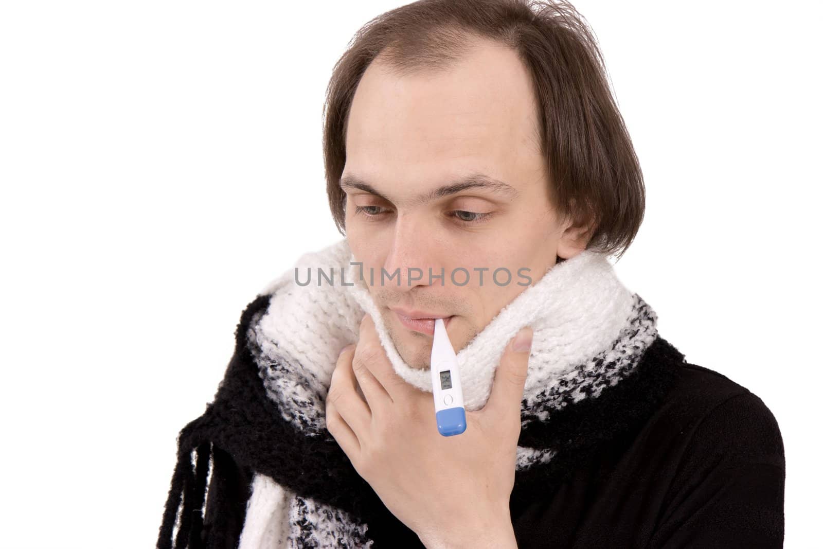 The person with the thermometer in a mouth keeps for a sick throat