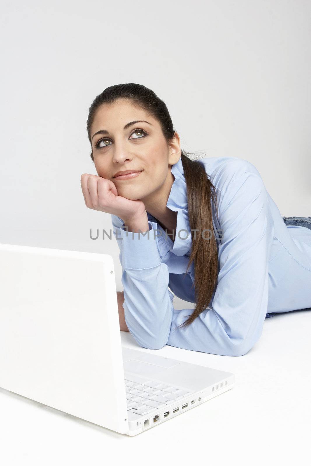 isolated young girl with laptop