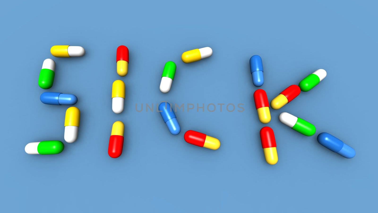 a D rendering of various colored capsules