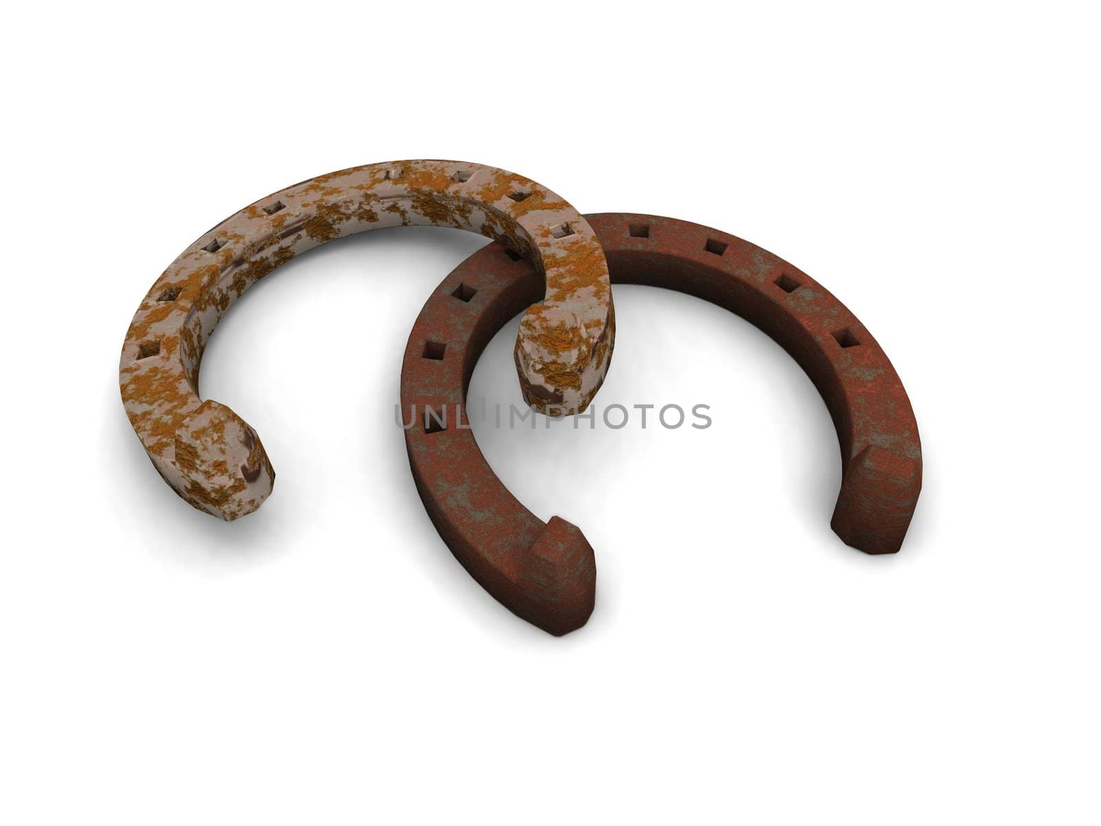 a 3D render of some rusty horse shoes