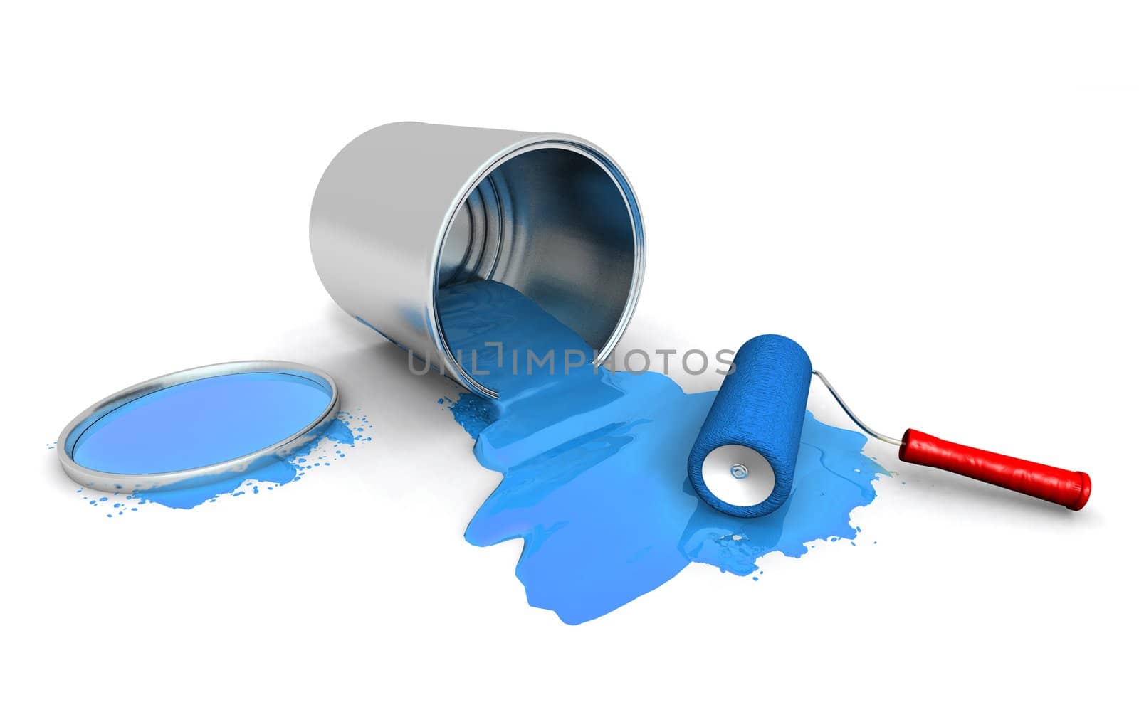 3D render of paint roller, blue can and splashing