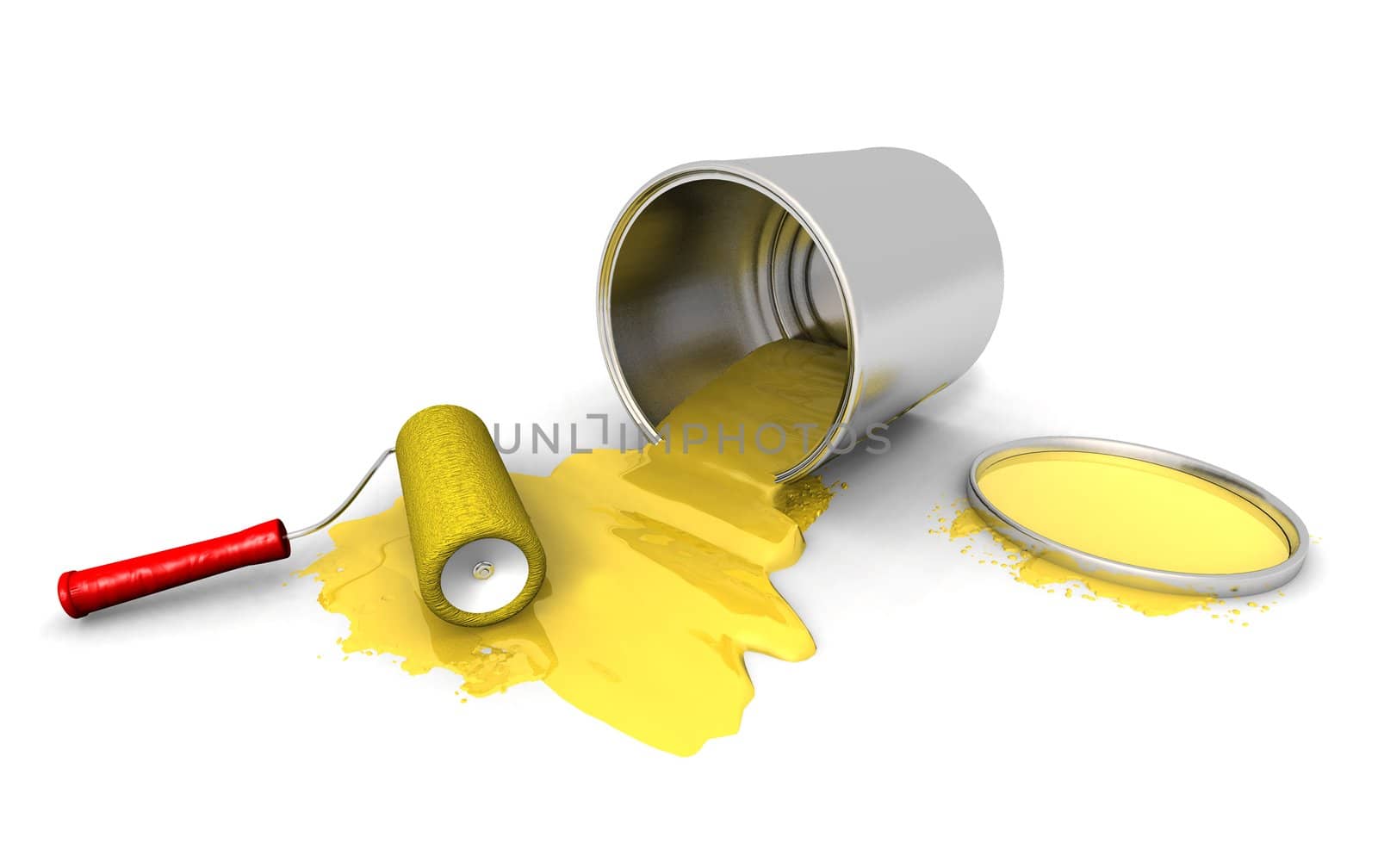 3D render of paint roller, yellow can and splashing