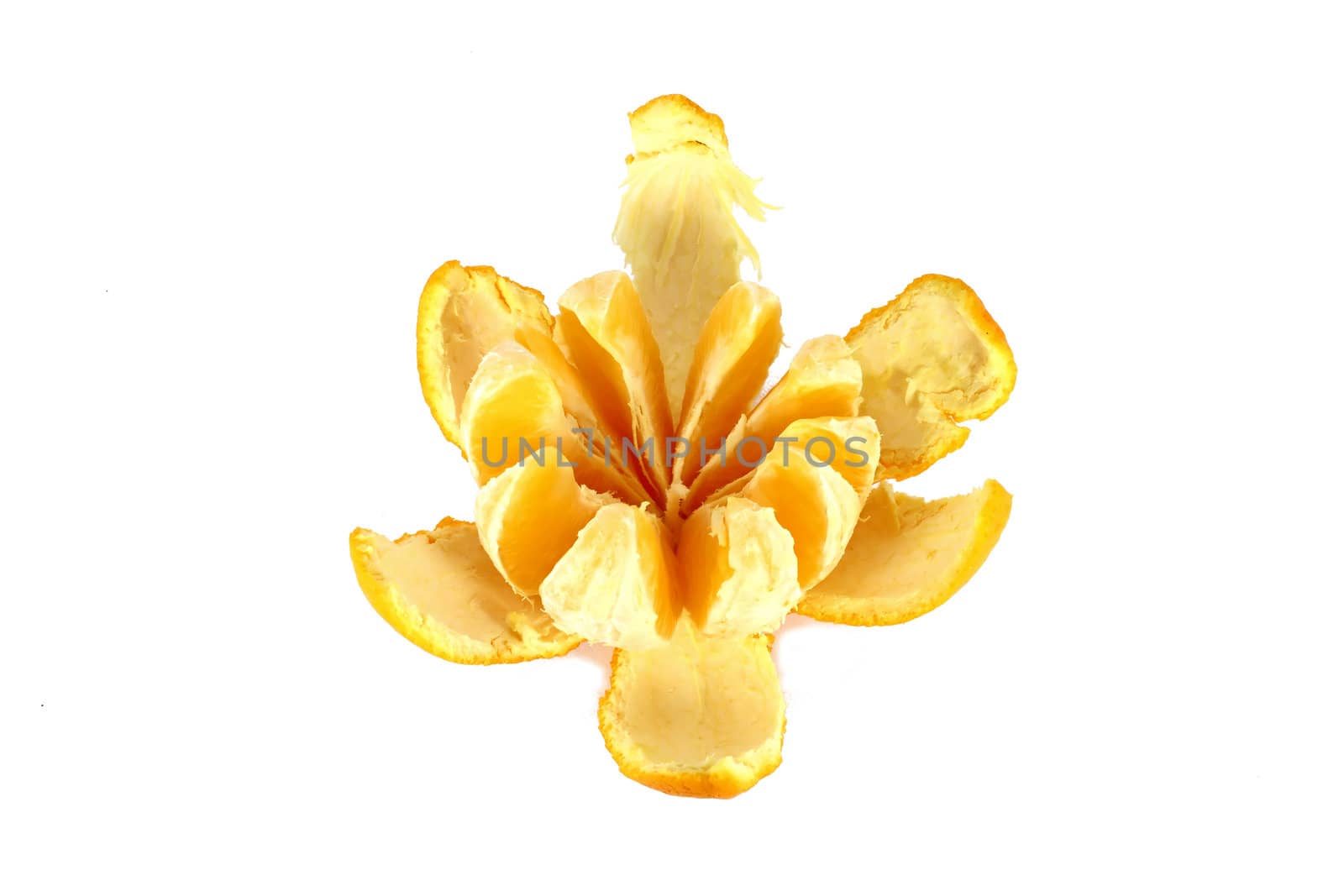 Peeled orange, citrus fruit isolated on white background
