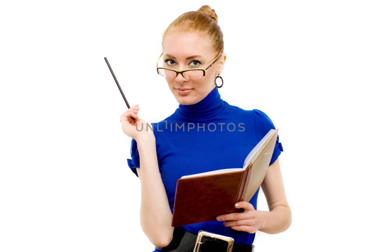 Redhead businesswoman looking through glasses with notebook over white
