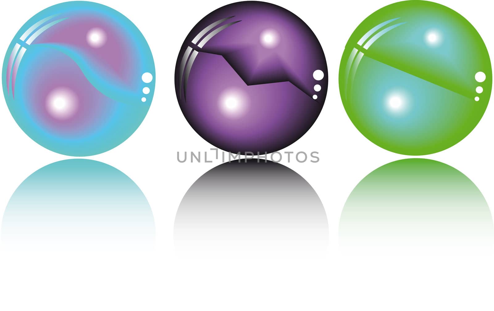 three fantasy spheres in different colors
