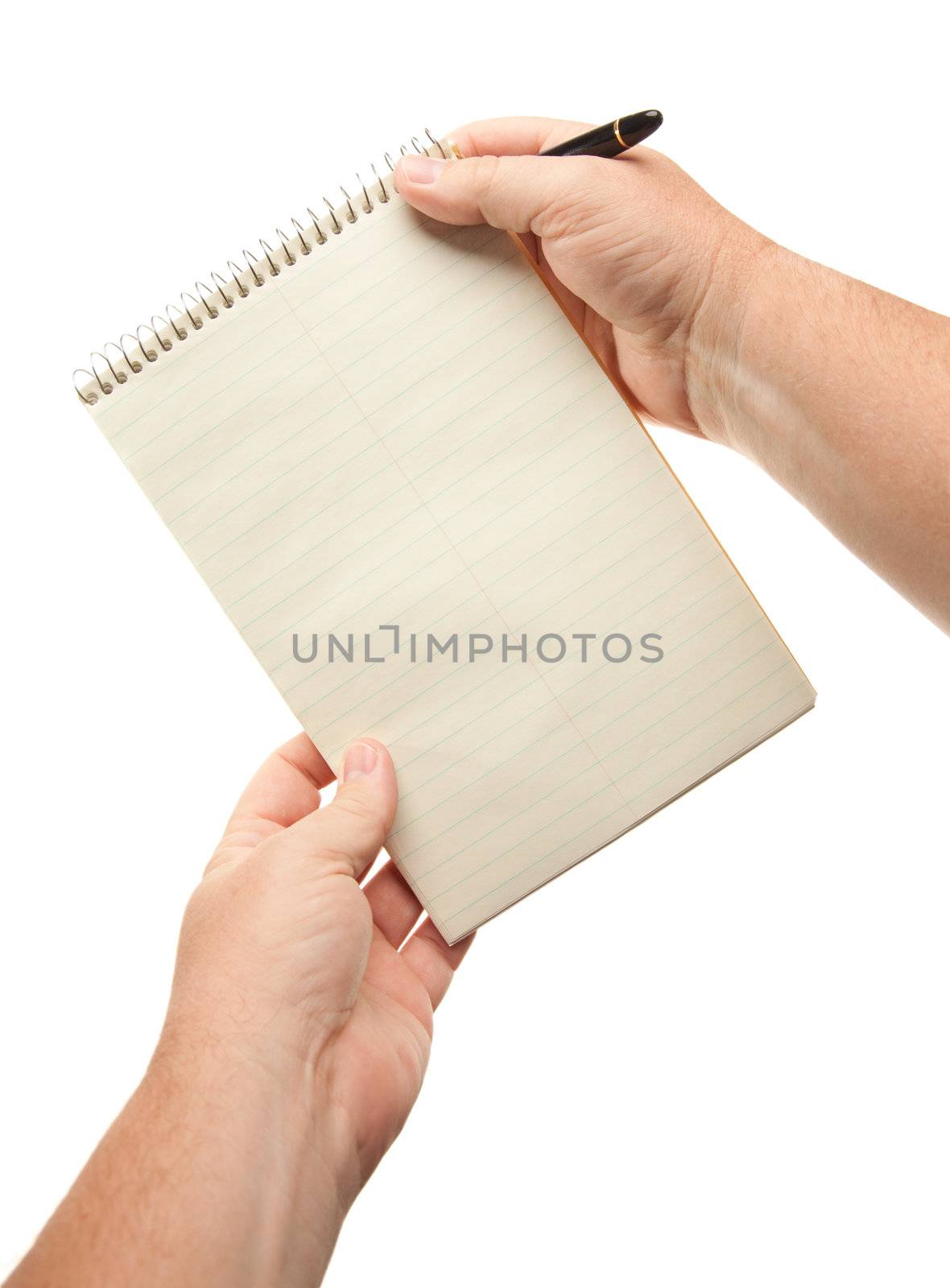 Male Hands Holding Pen and Pad of Paper Isolated on a White Background.