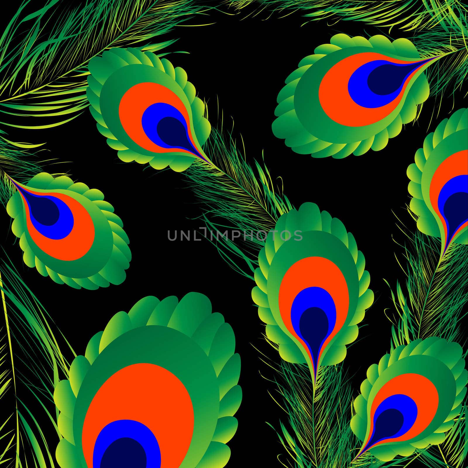 Peacock feathers background, abstract art illustration