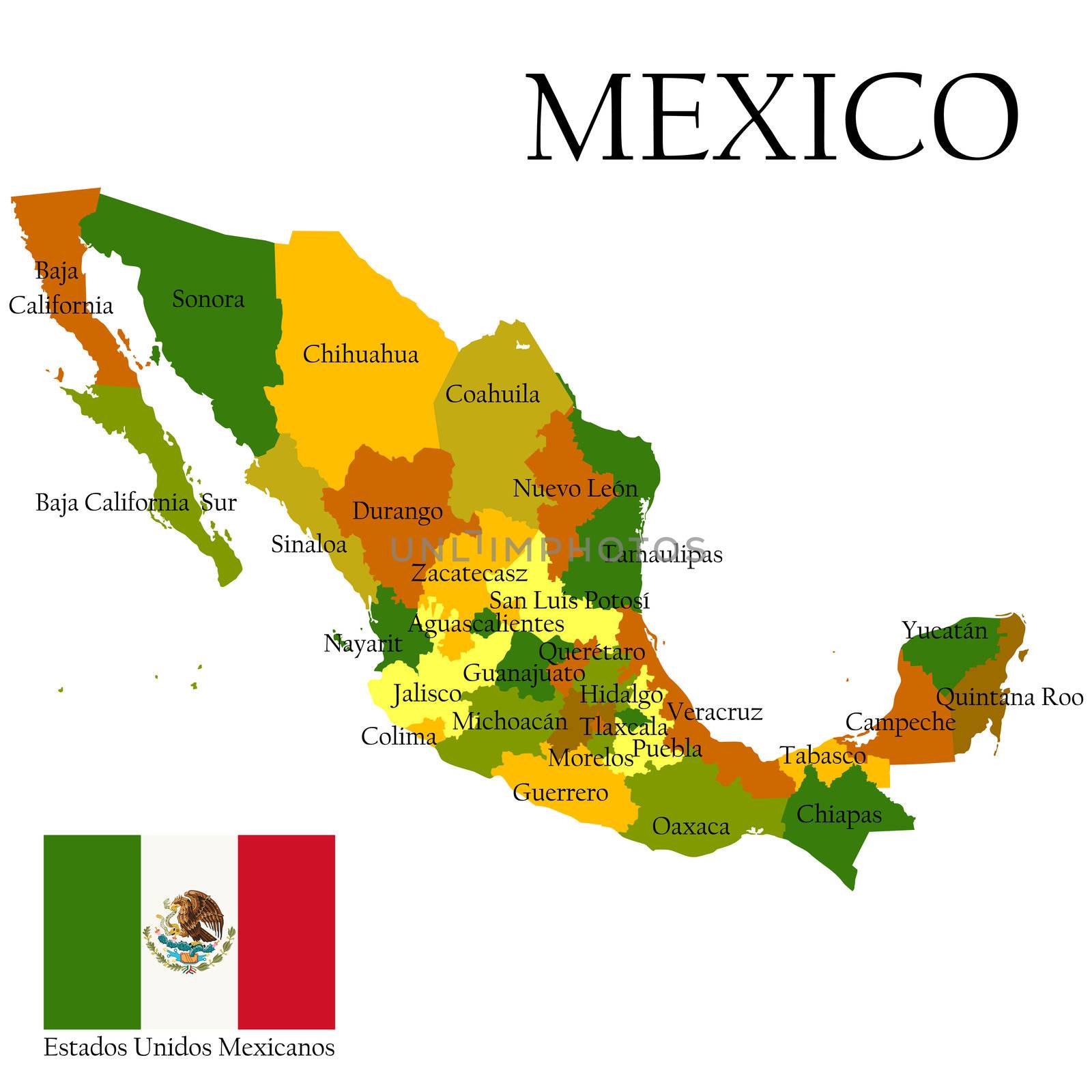 Mexico, United States of. Administrative map and flag.