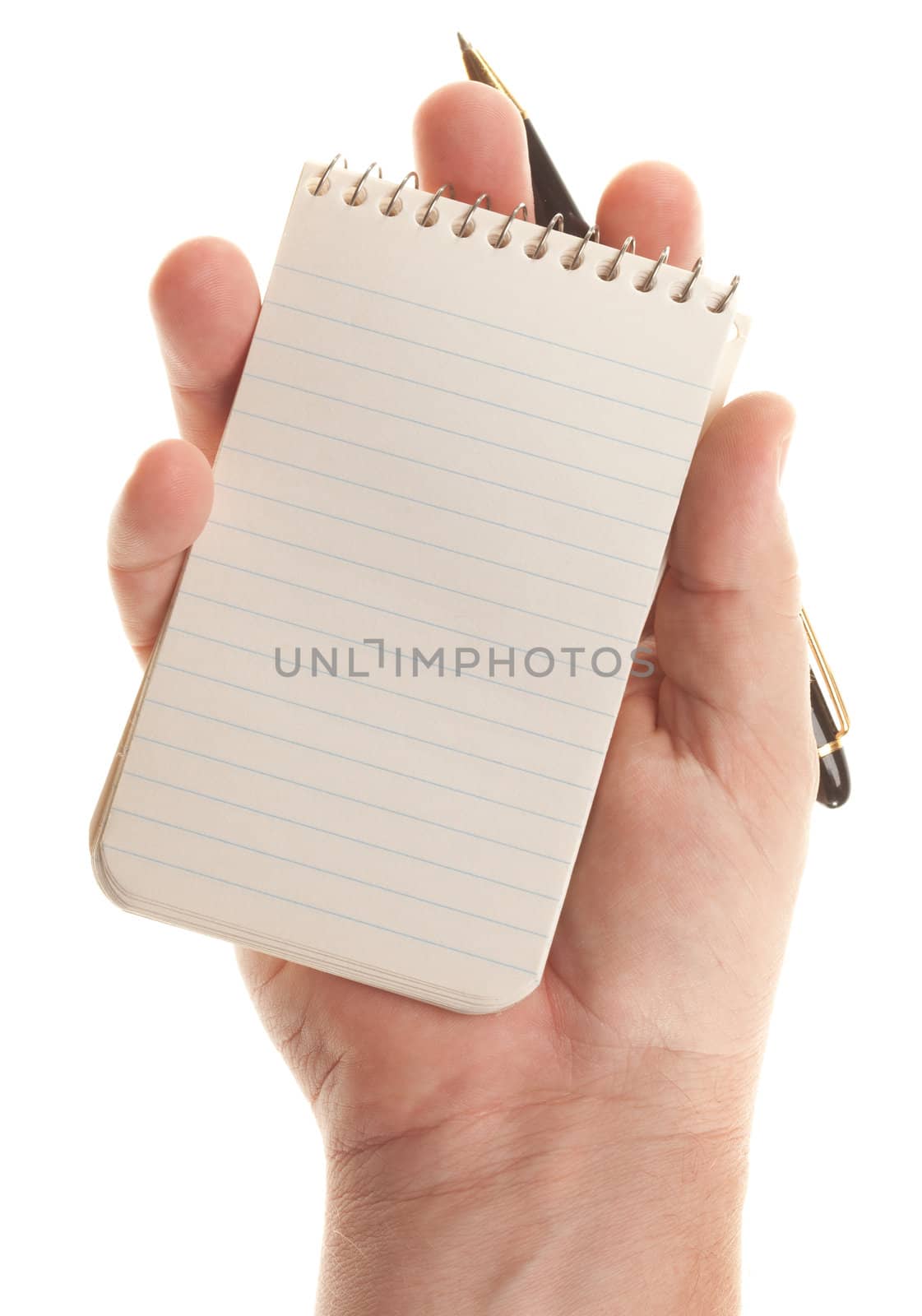 Male Hands Holding Pen and Pad of Paper Isolated on a White Background.