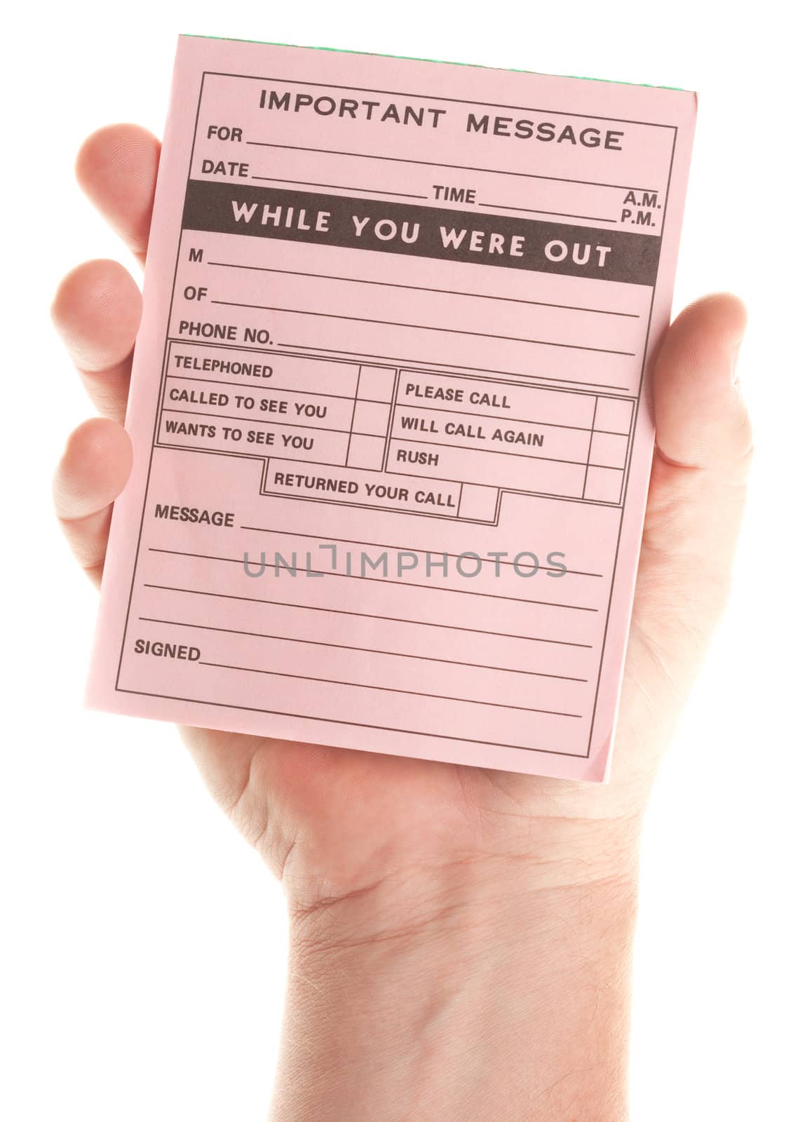 Male Hand Holding Blank Pink Message Pad by Feverpitched