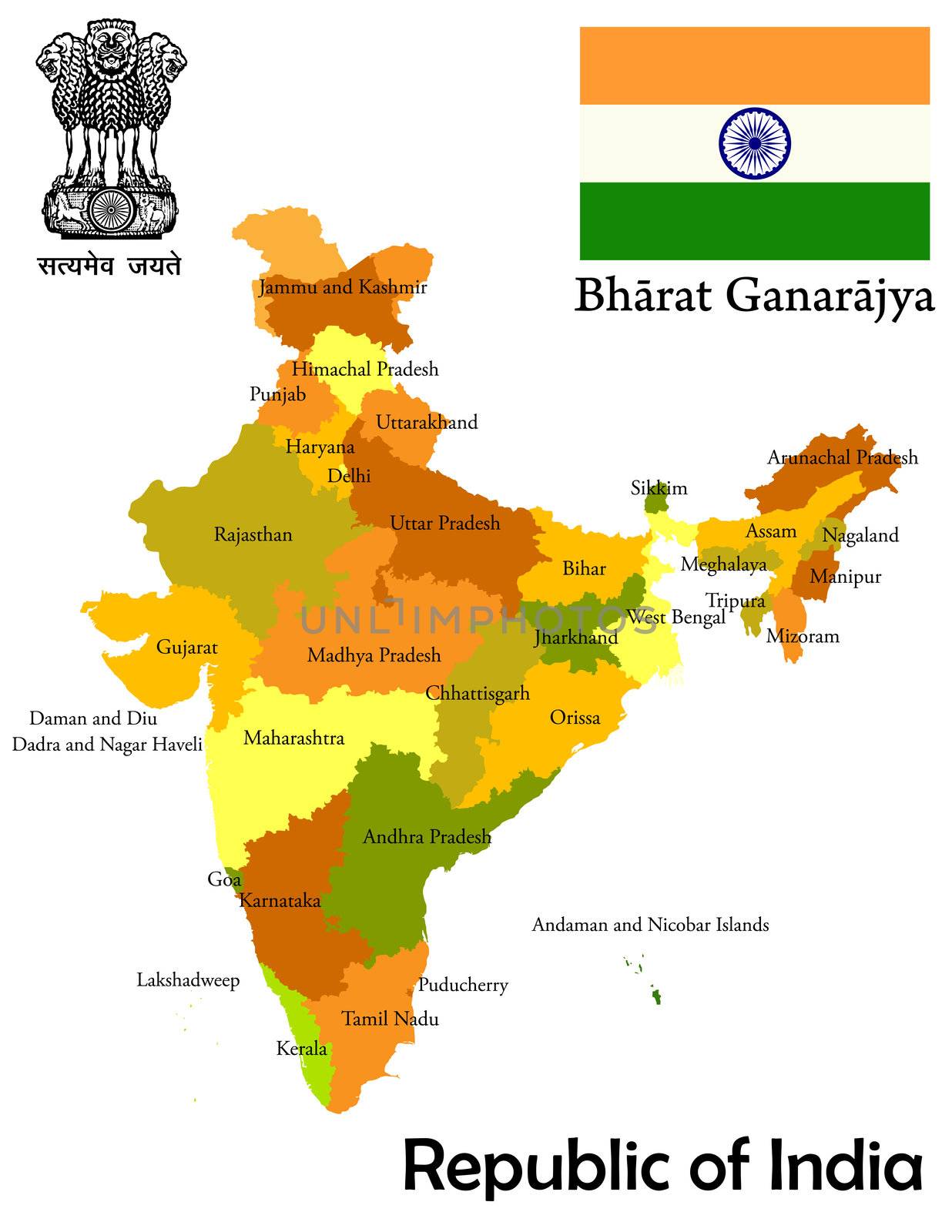 States and union teritories map of India, flag and national emblem