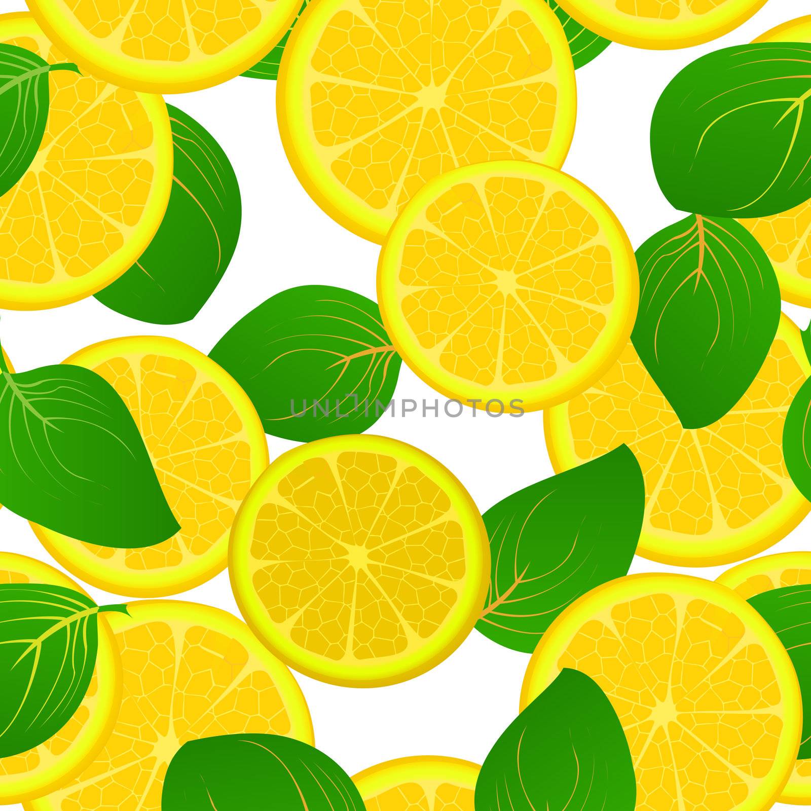 A seamless background with fresh lemon slices and leaves, pattern