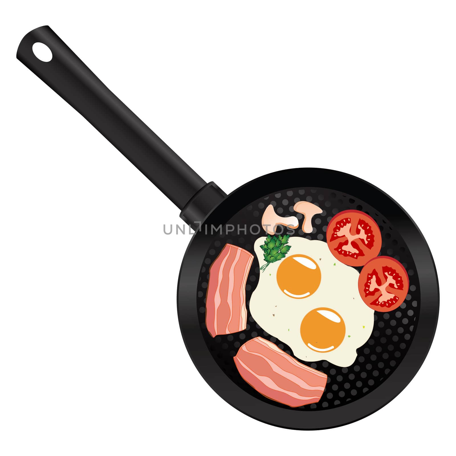 Frying pan with eggs and bacon over white background. Breakfast for two.