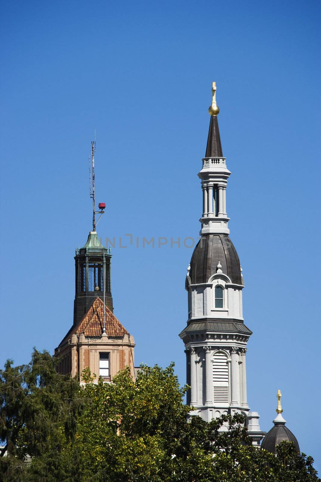 Steeple of the Cathedral of the Blessed Sacrament in Sacramento, California, USA.