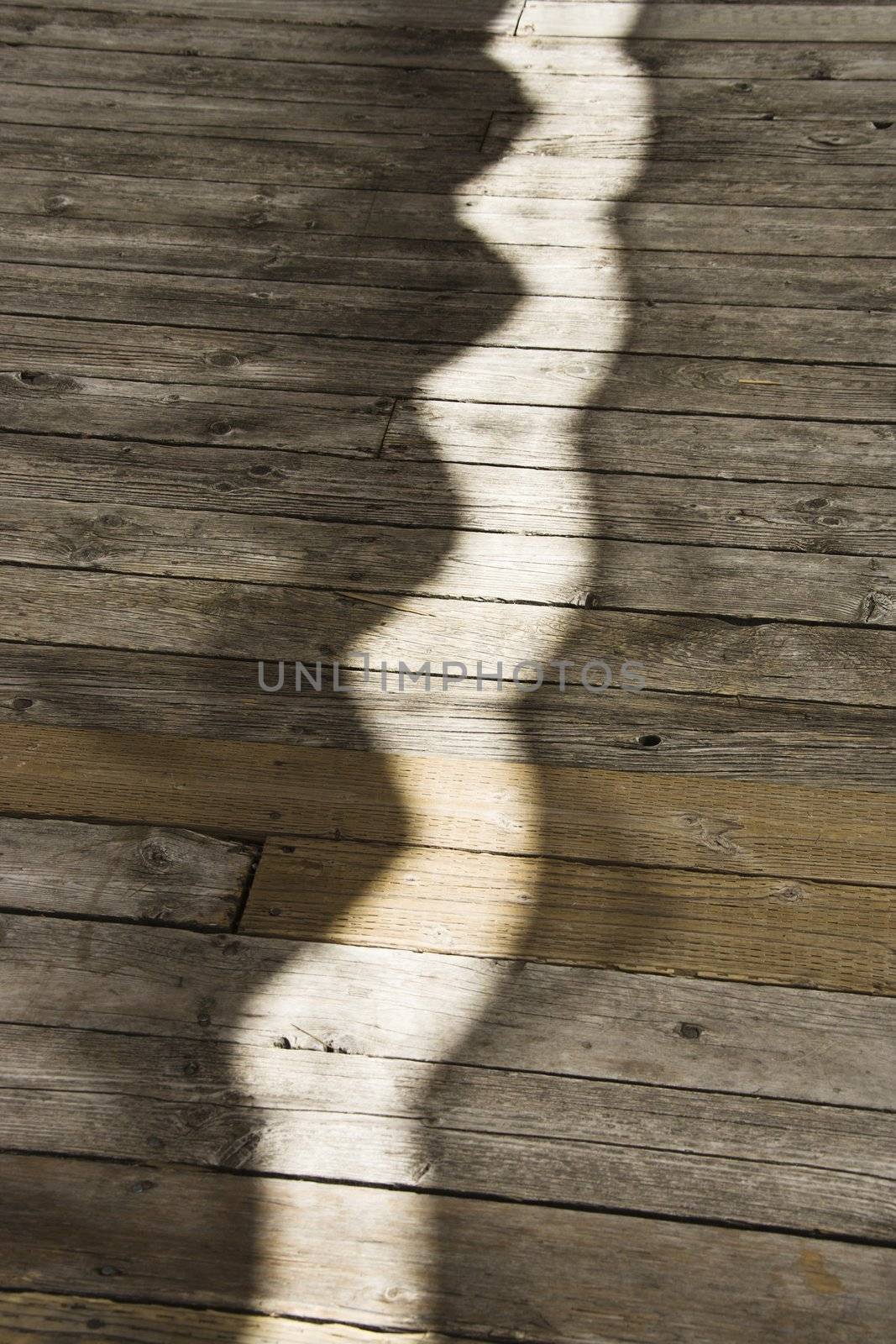 Curvy line of sunlight on wooden walkway.