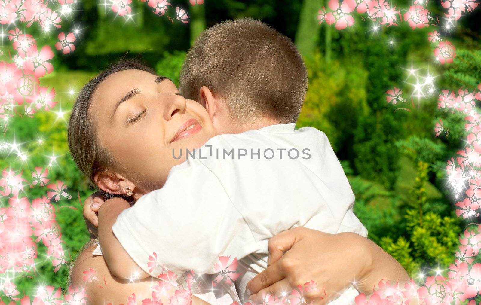 outdoor picture of happy mother and son with flowers