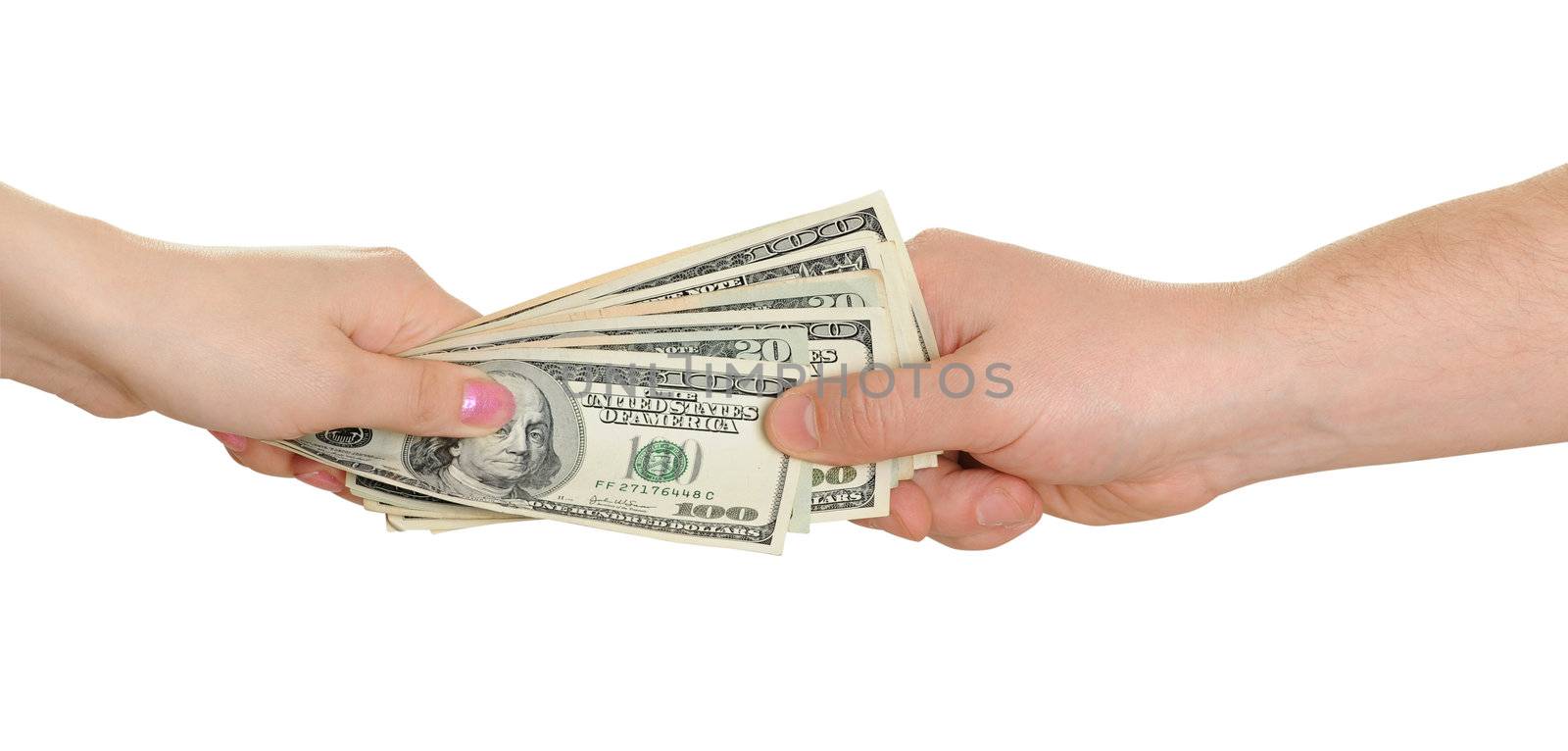 The woman transmits the man of money isolated on white background
