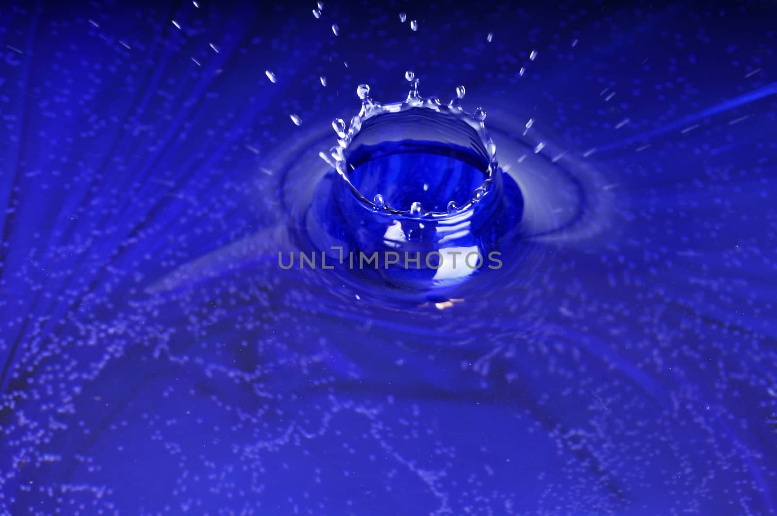 Falling of drops in water on a dark blue background