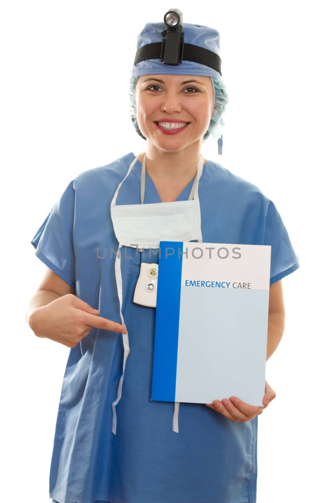 Surgeon or nurse holding information booklet, fact sheets or brochure.  White background.