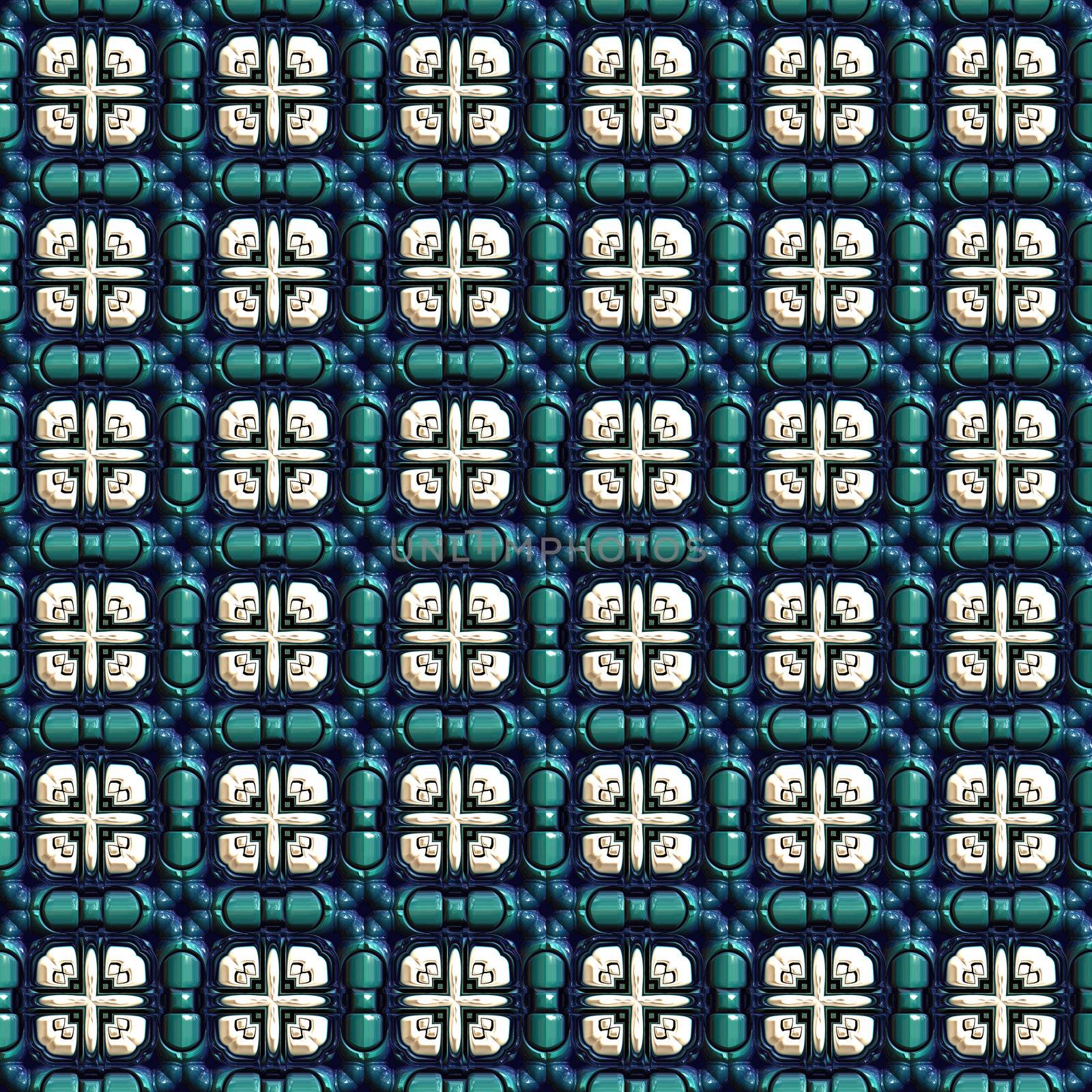 seamless 3d texture of blue green squares filled with white ornaments