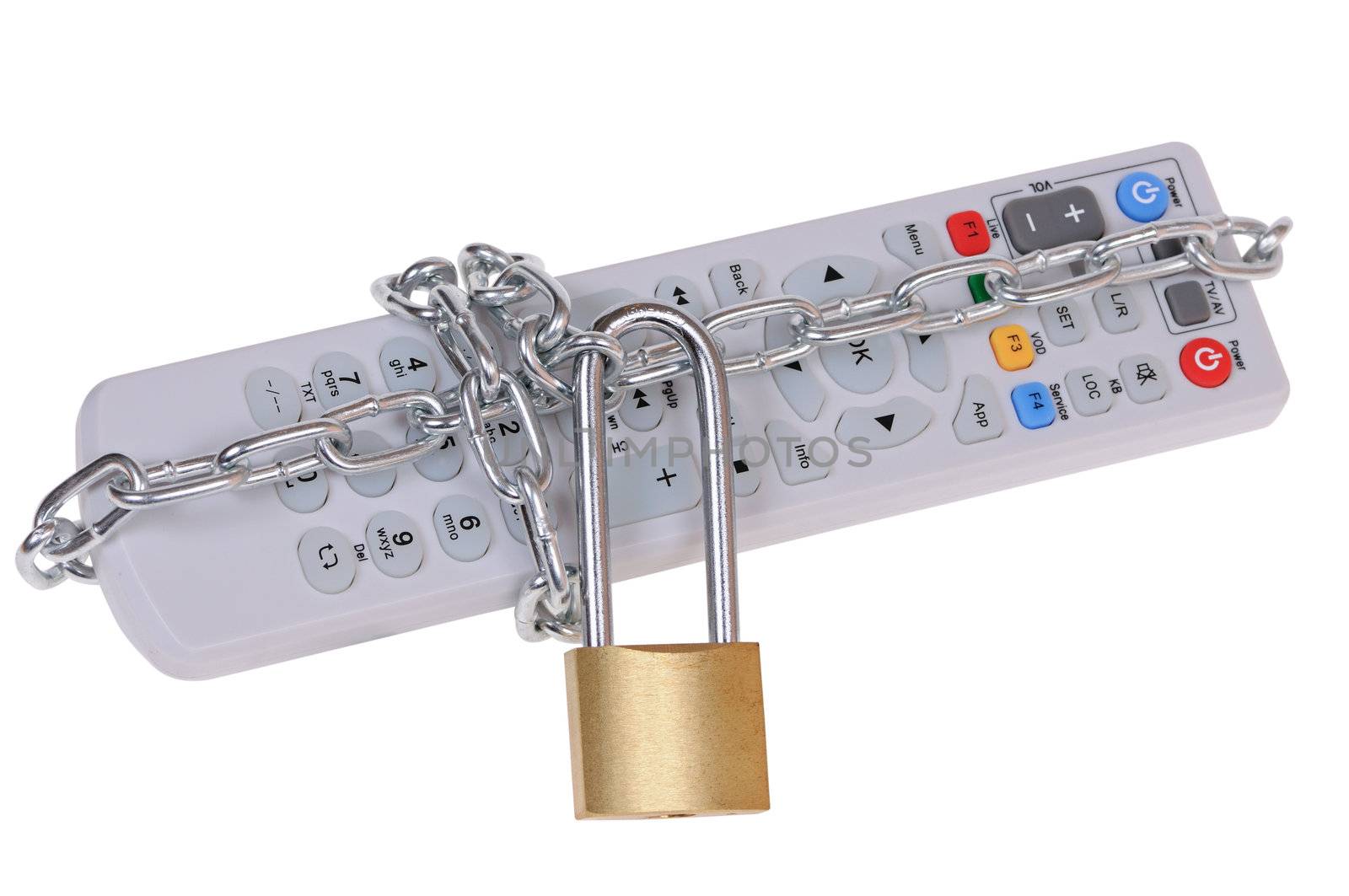 The television remote control is closed by the padlock with a chain isolated on white background