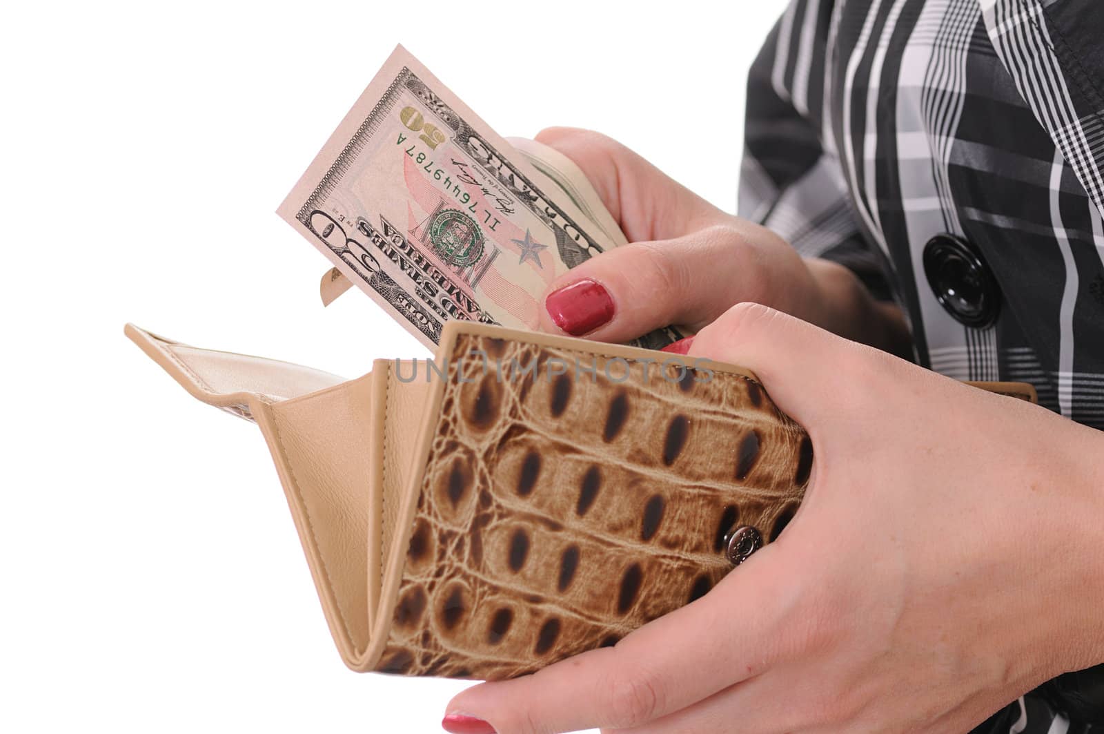 purse in female hand isolated on white background