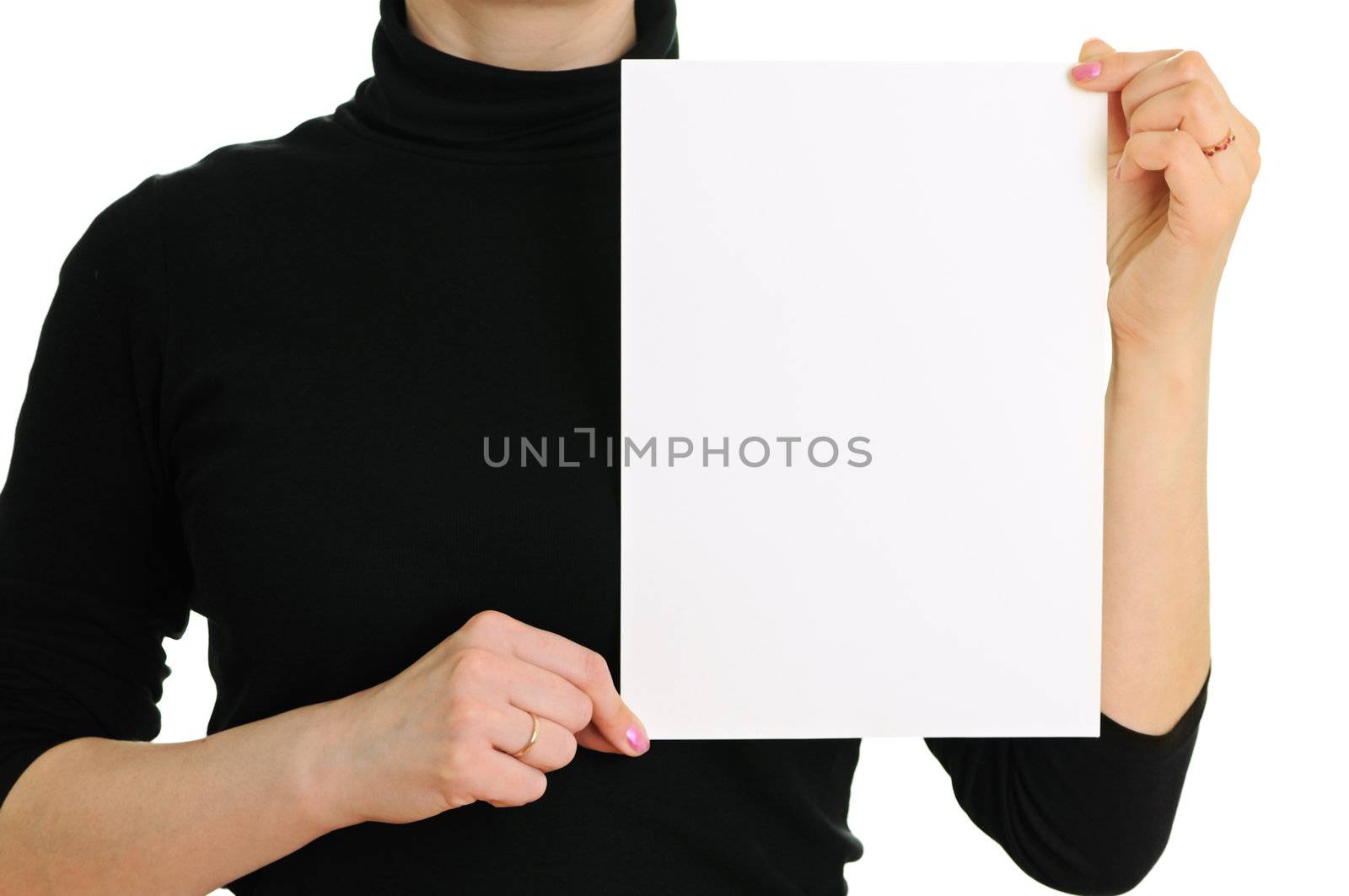 The woman holds empty sheet of paper isolated on white background