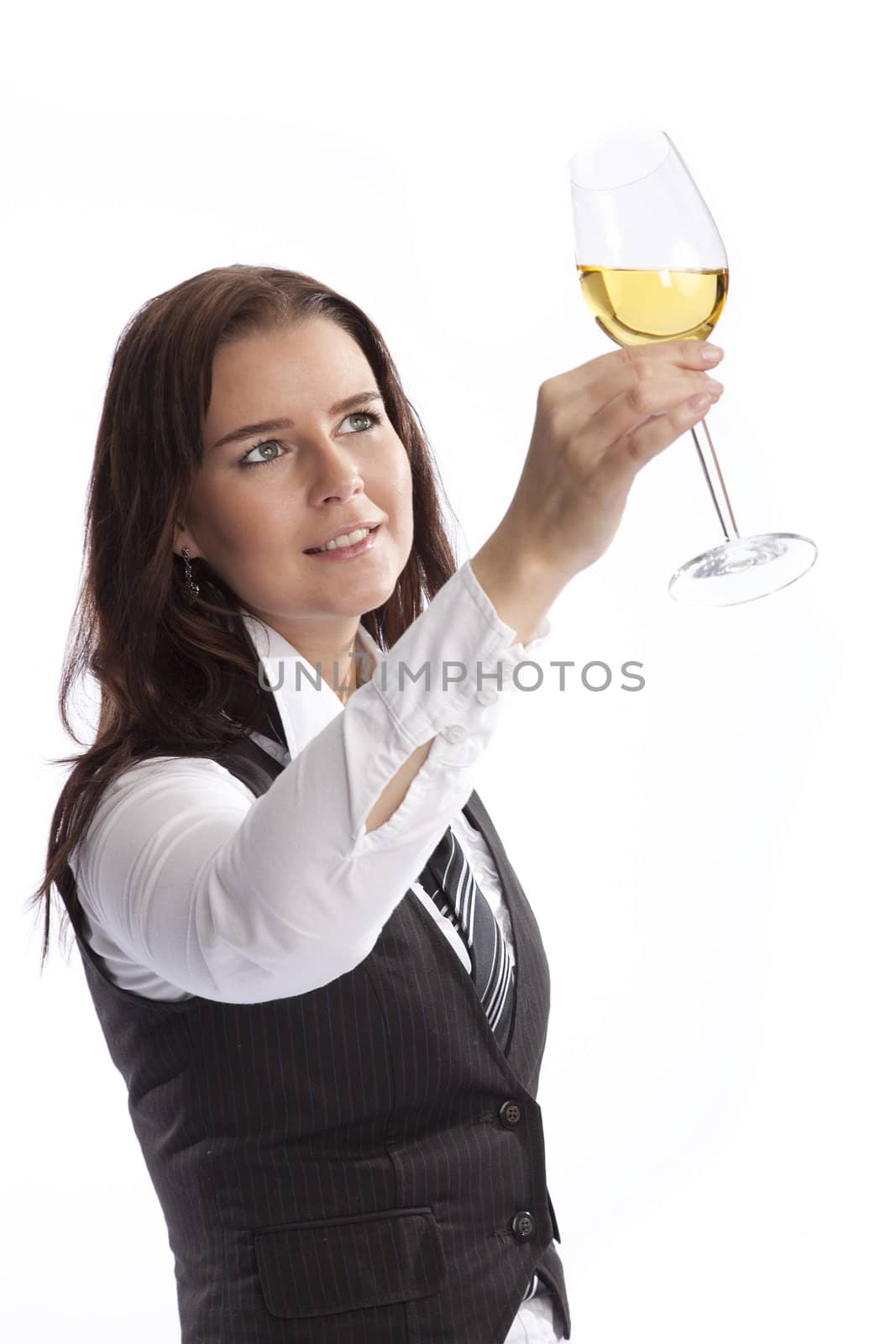 isolated business woman holding wine glass over white background