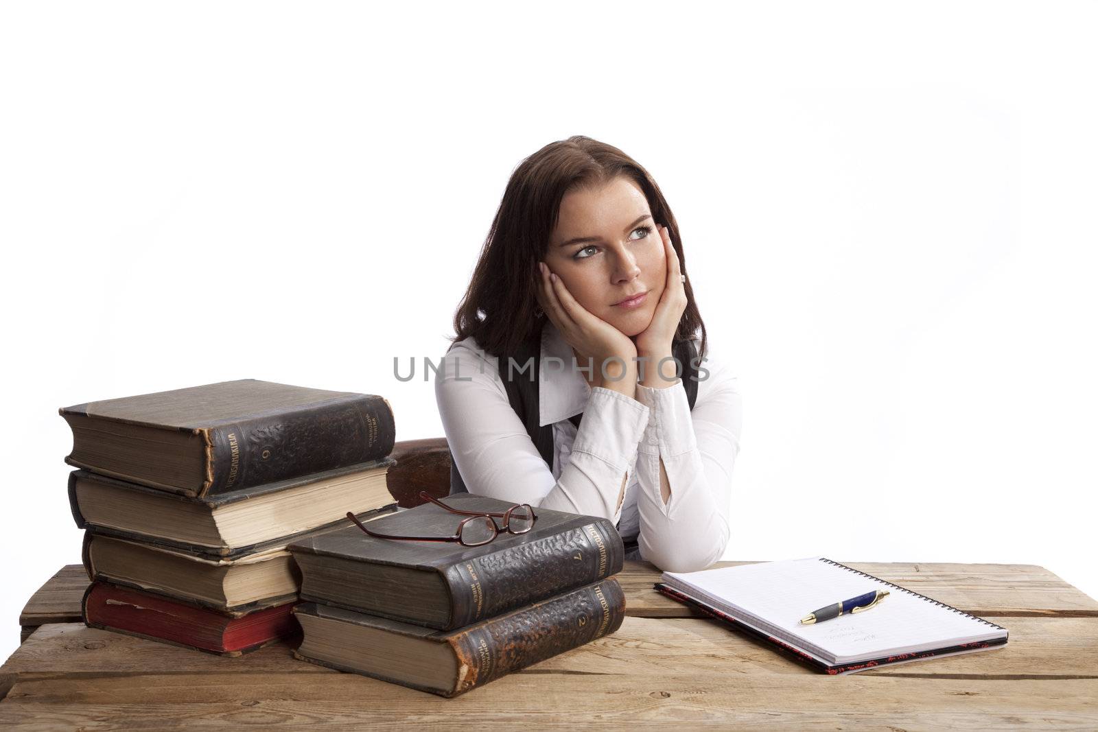isolated business woman dreaming over white background