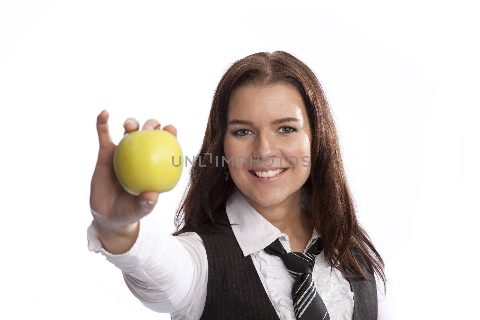 isolated business woman holding green apple white background