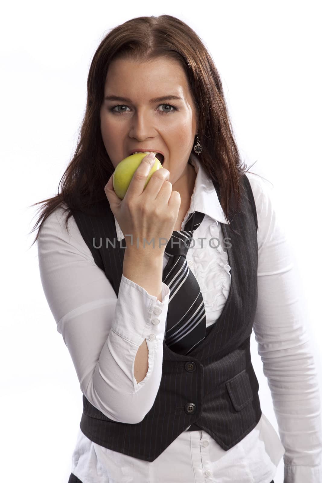 isolated business woman eating green apple white background