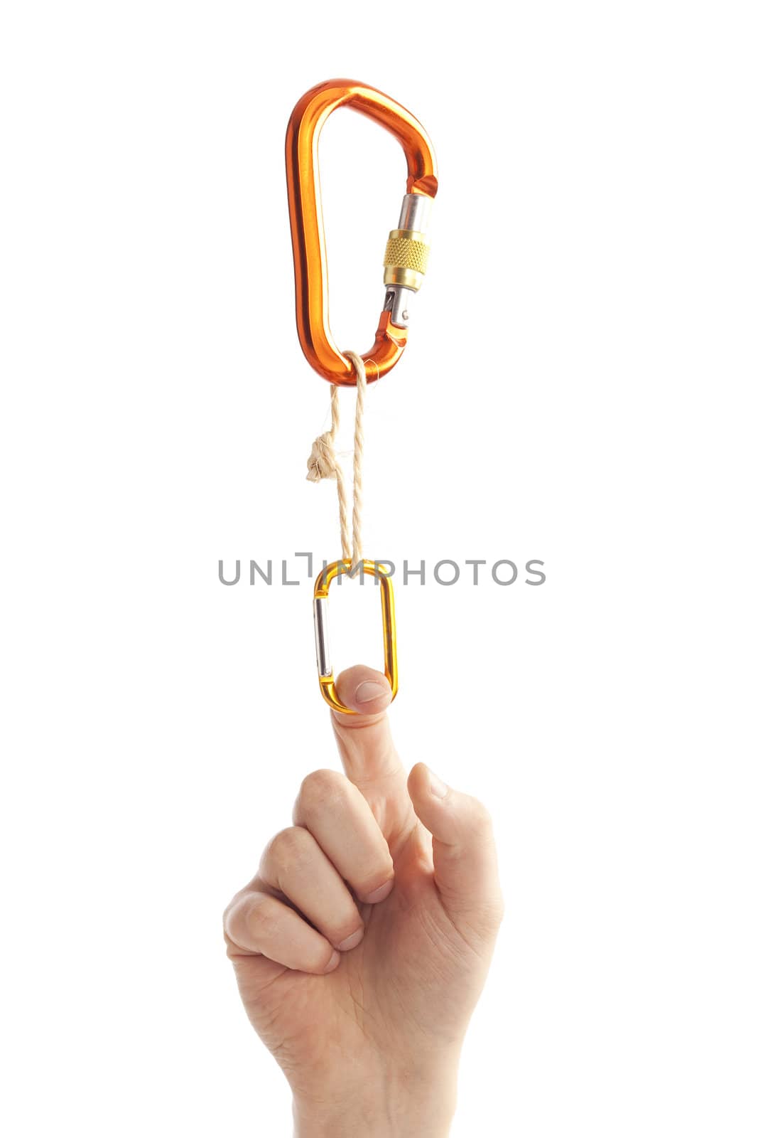 Man finger hanging from metal clip