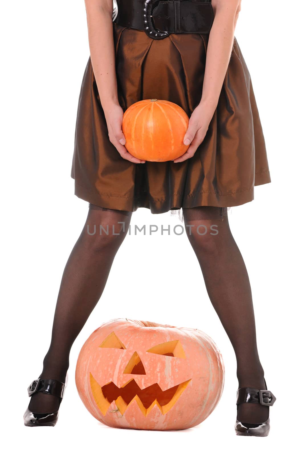 witch with pumpkins isolated on white background