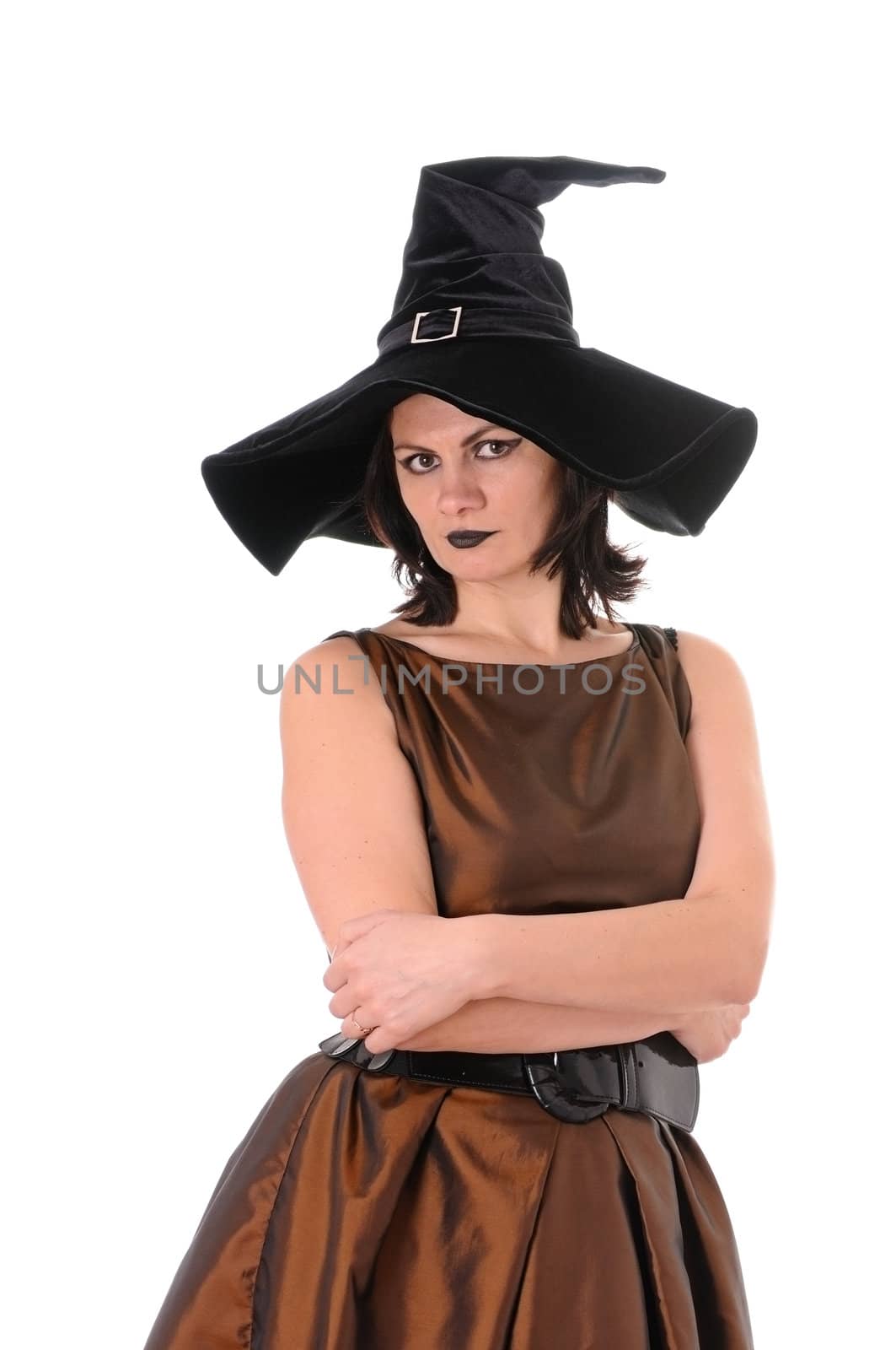 Young witch in hat  isolated on white background