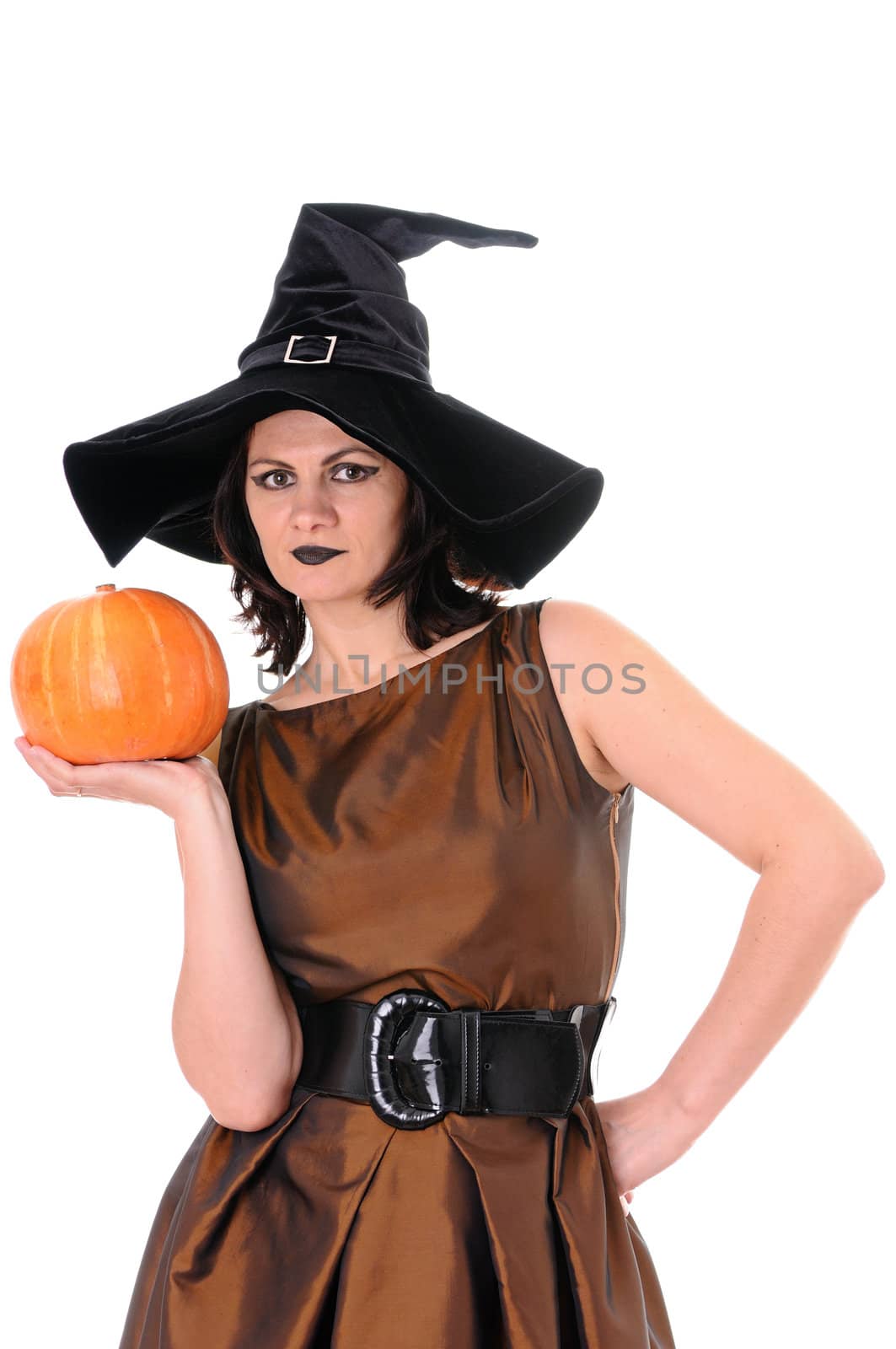 Young witch with pumpkin  isolated on white background