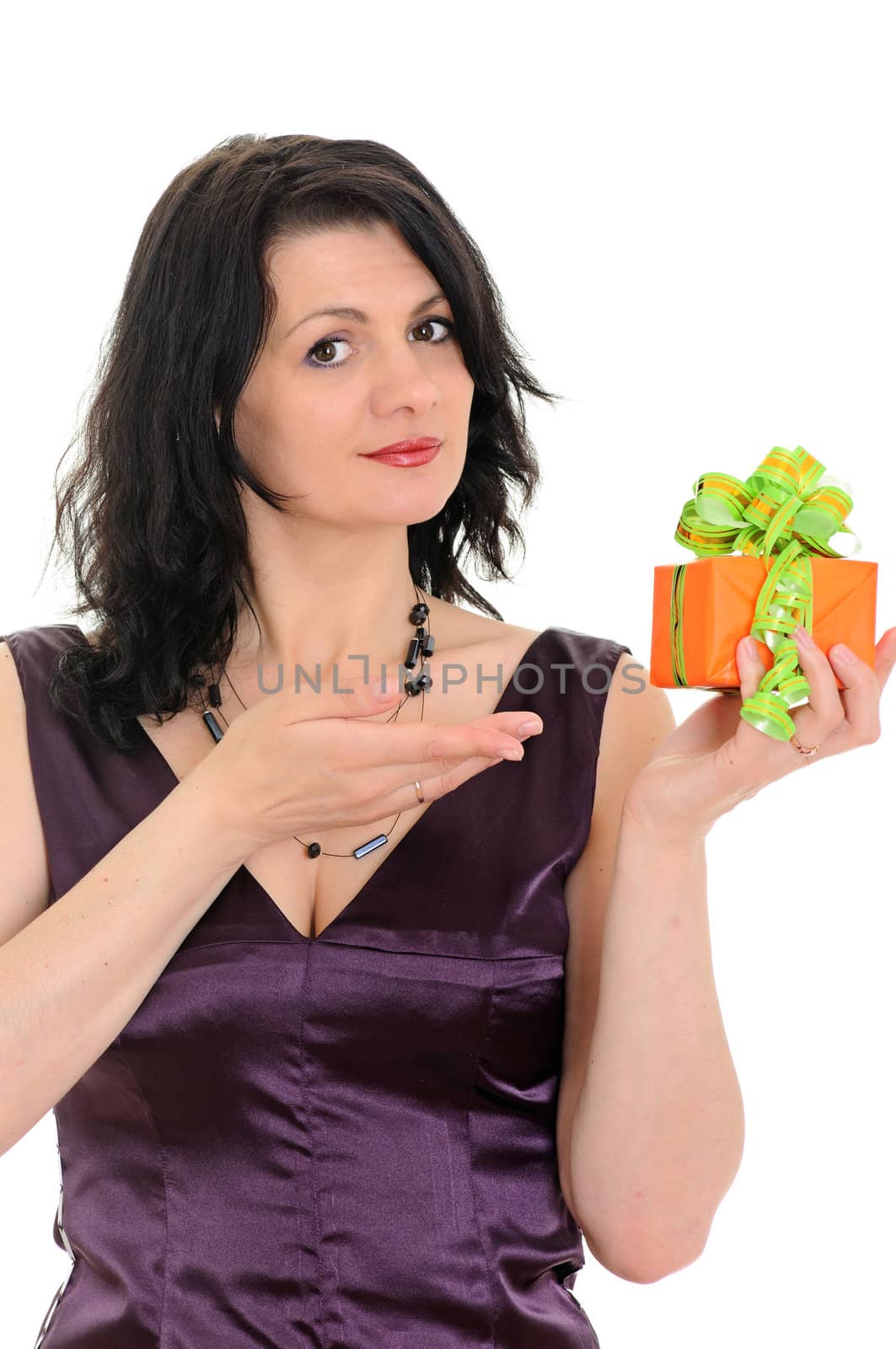 woman with orange gift isolated on white background