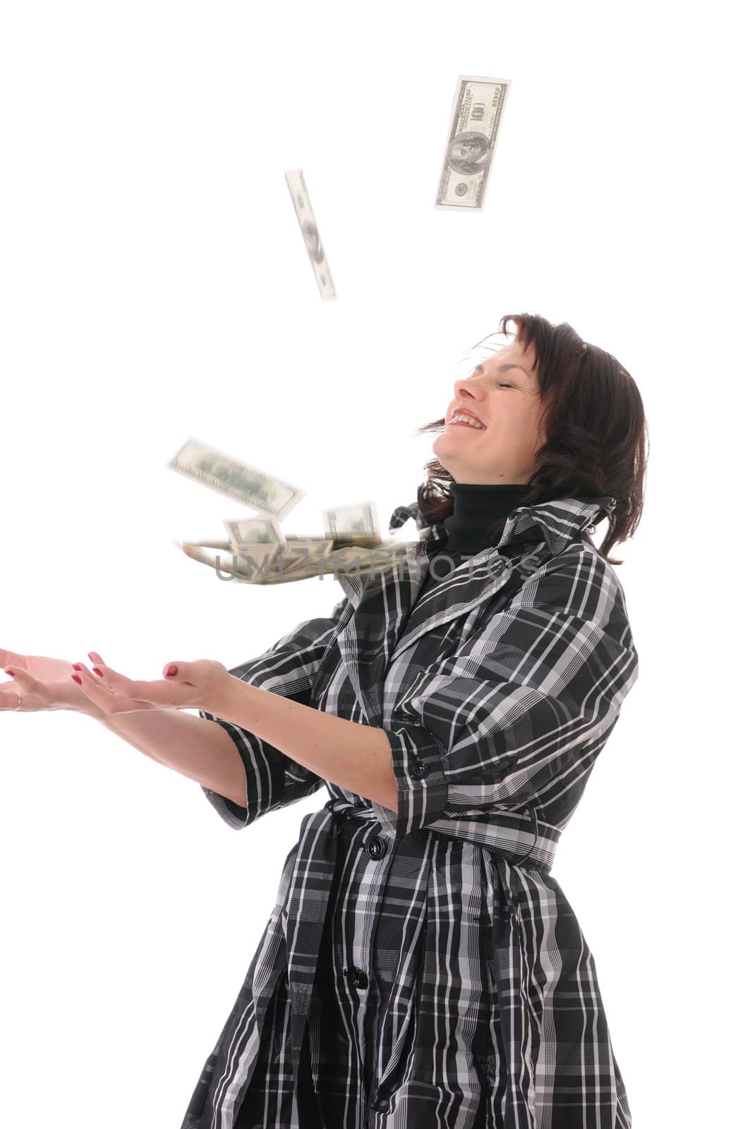 The woman catches money isolated on white background