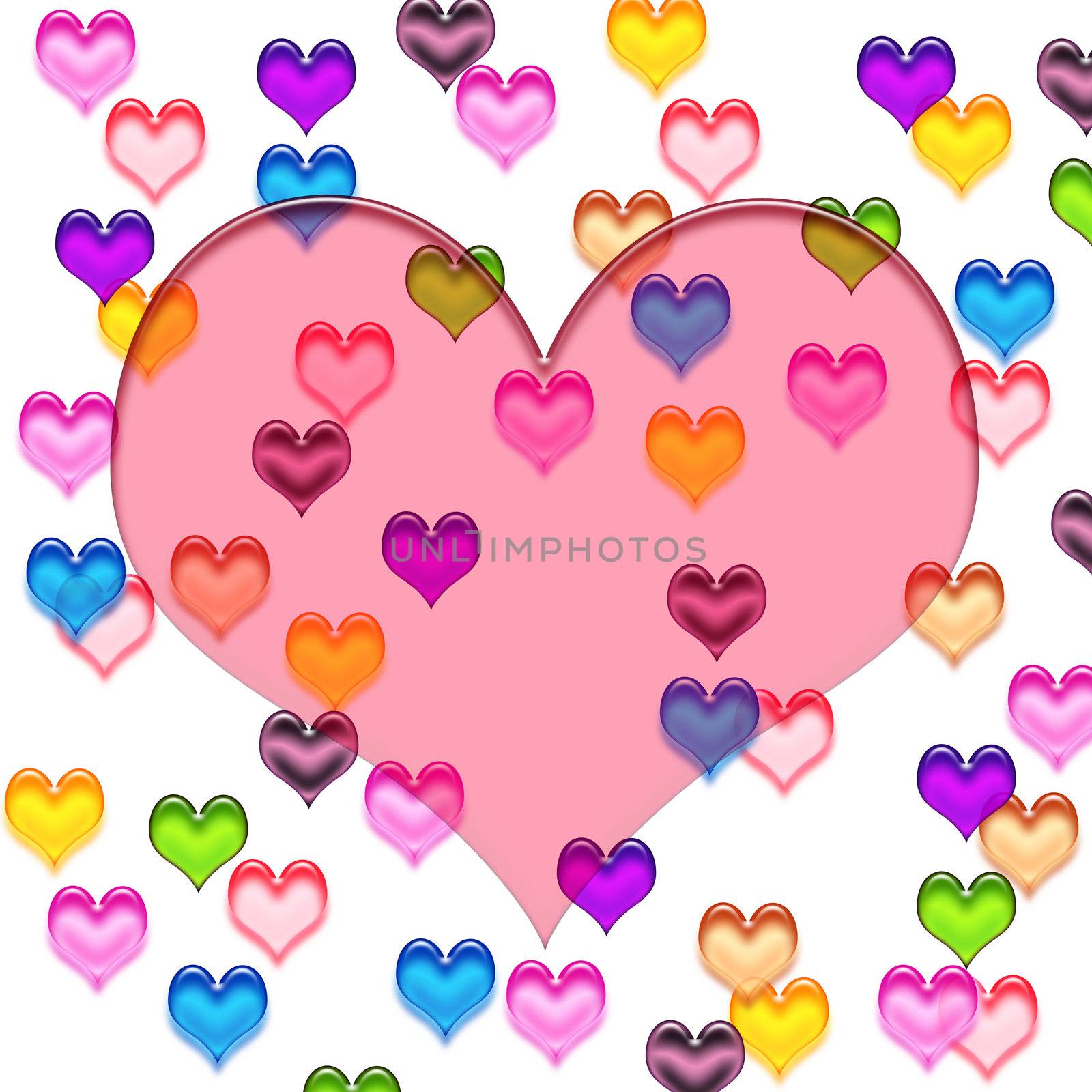 texture of transparent glassy hearts in bright colors