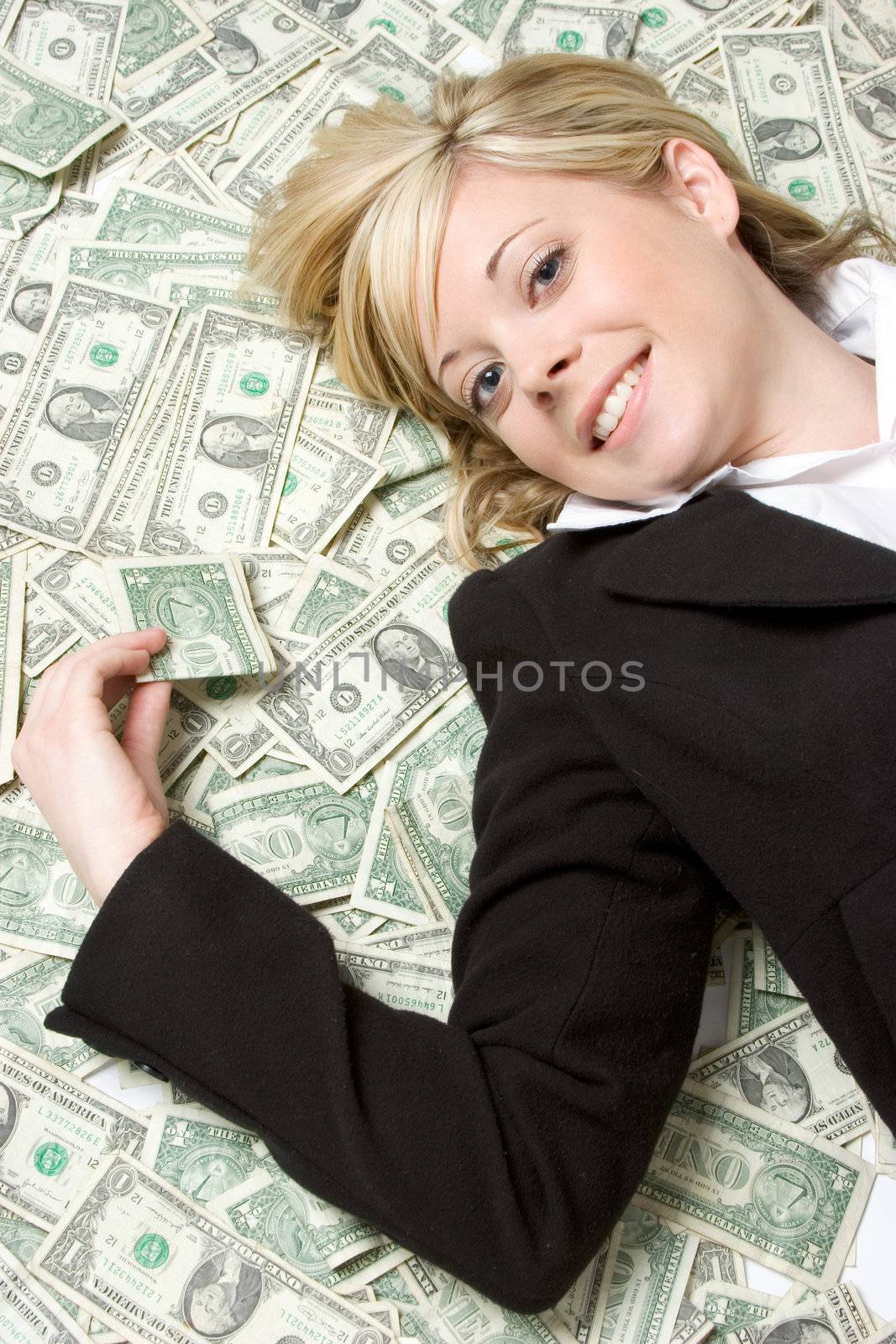 Beautiful blond smiling money woman