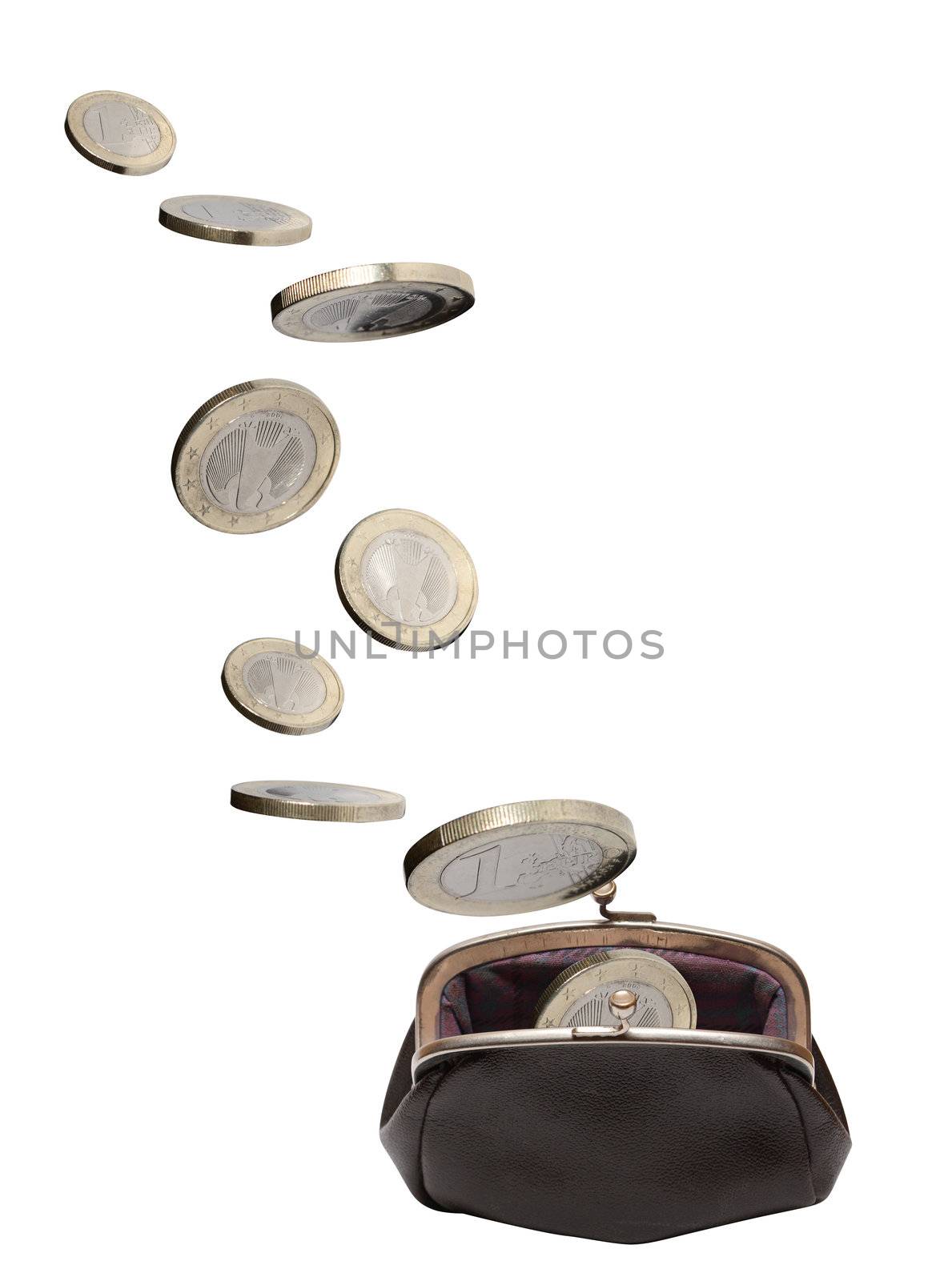 One euro coins falling into open leather change purse on white background