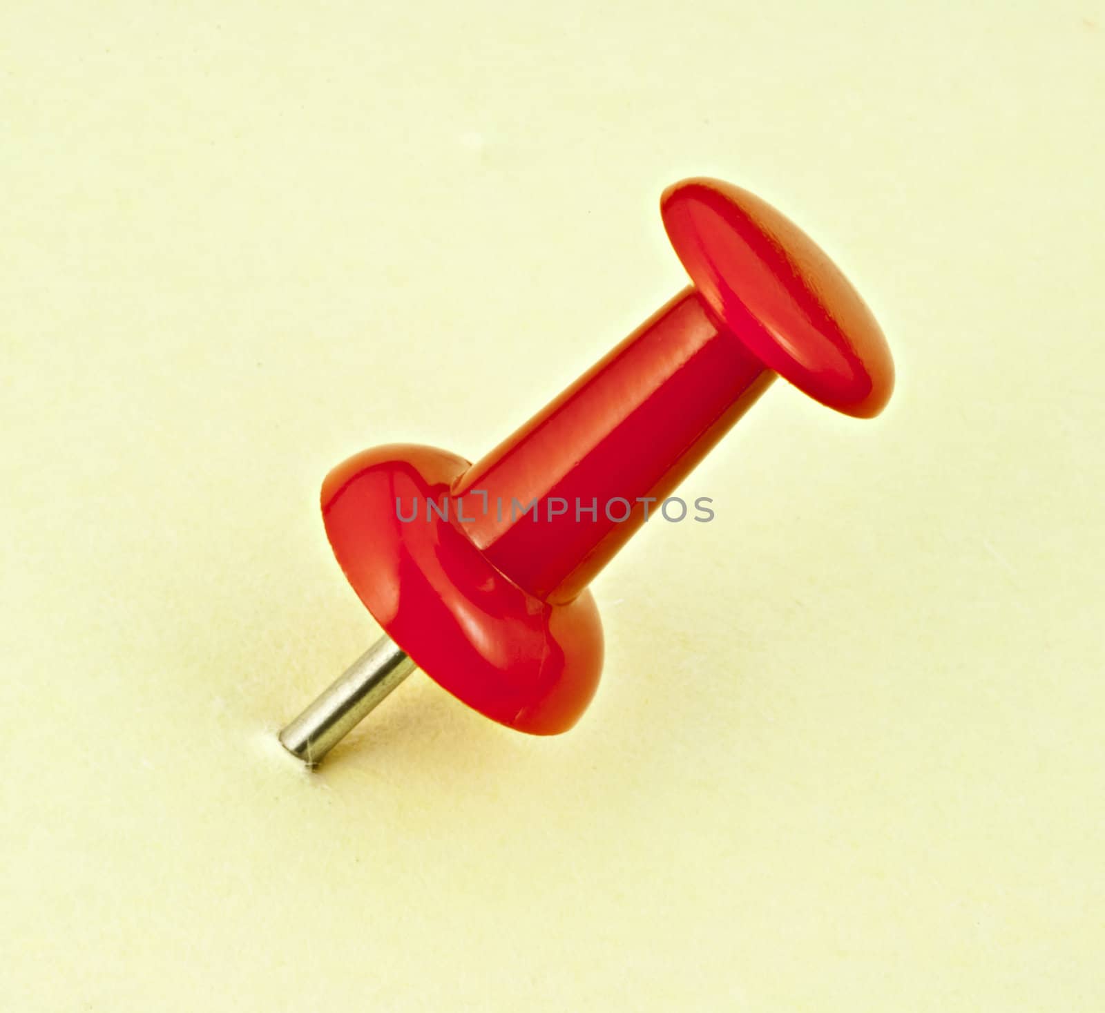 A red pin on the yellow background, macro photography.
