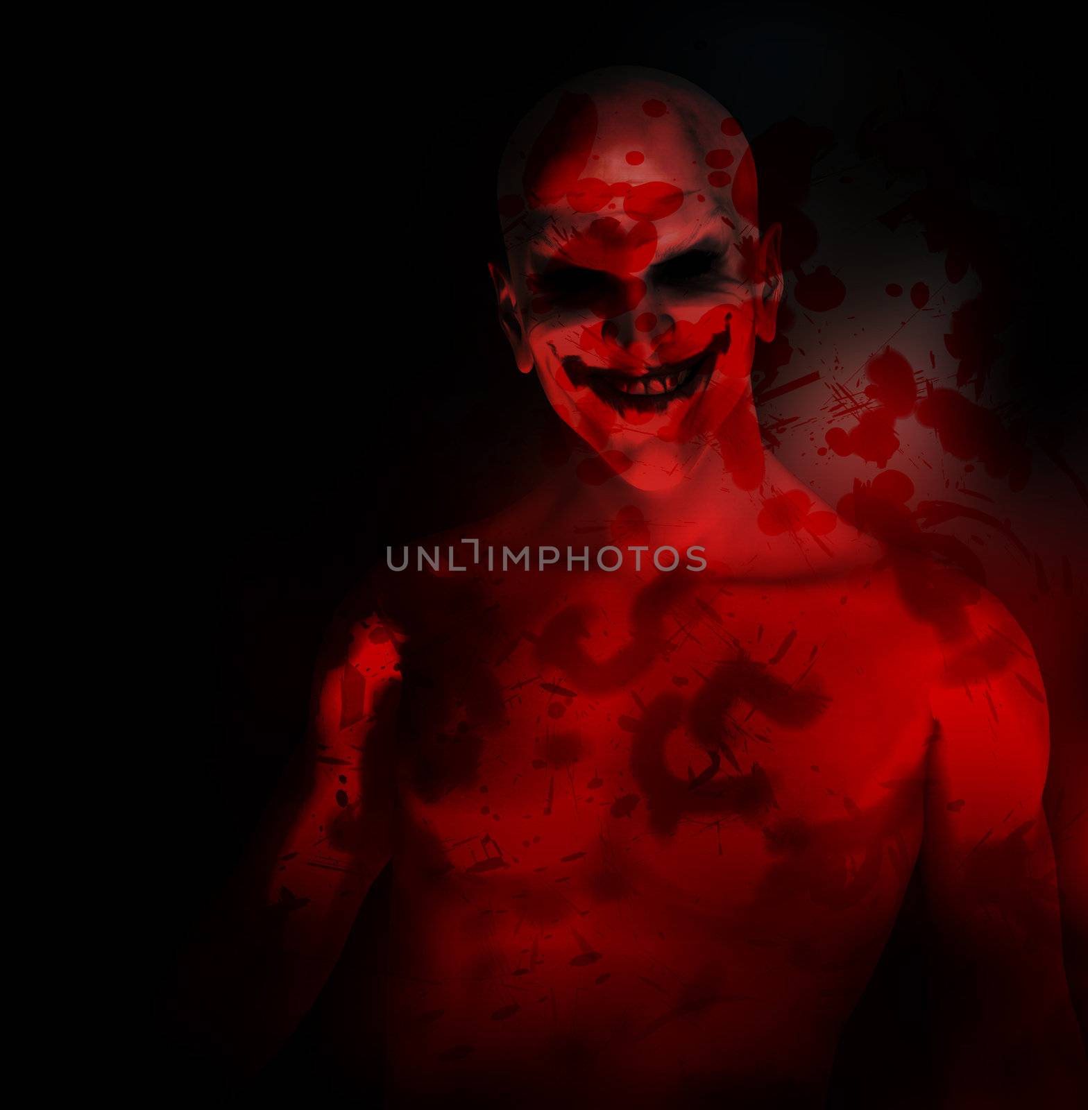 An evil psychotic clown covered in blood. 