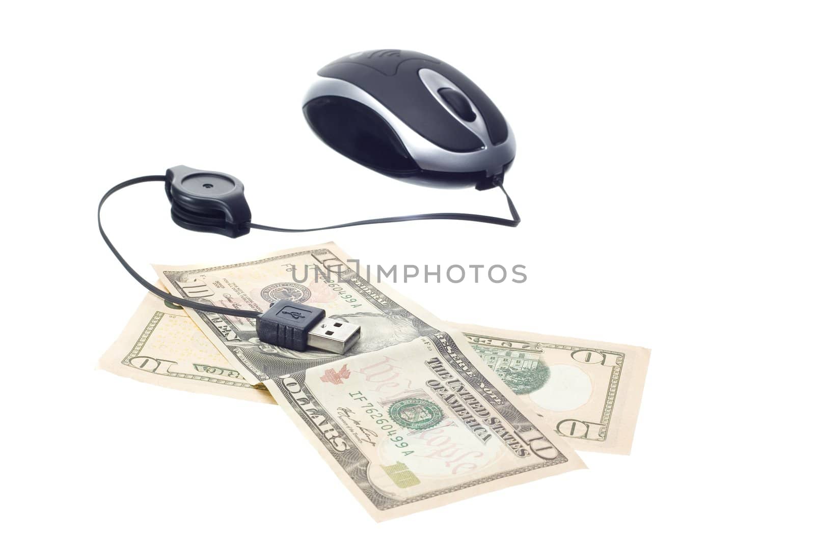 small computer mouse with money concept isolated on withe background