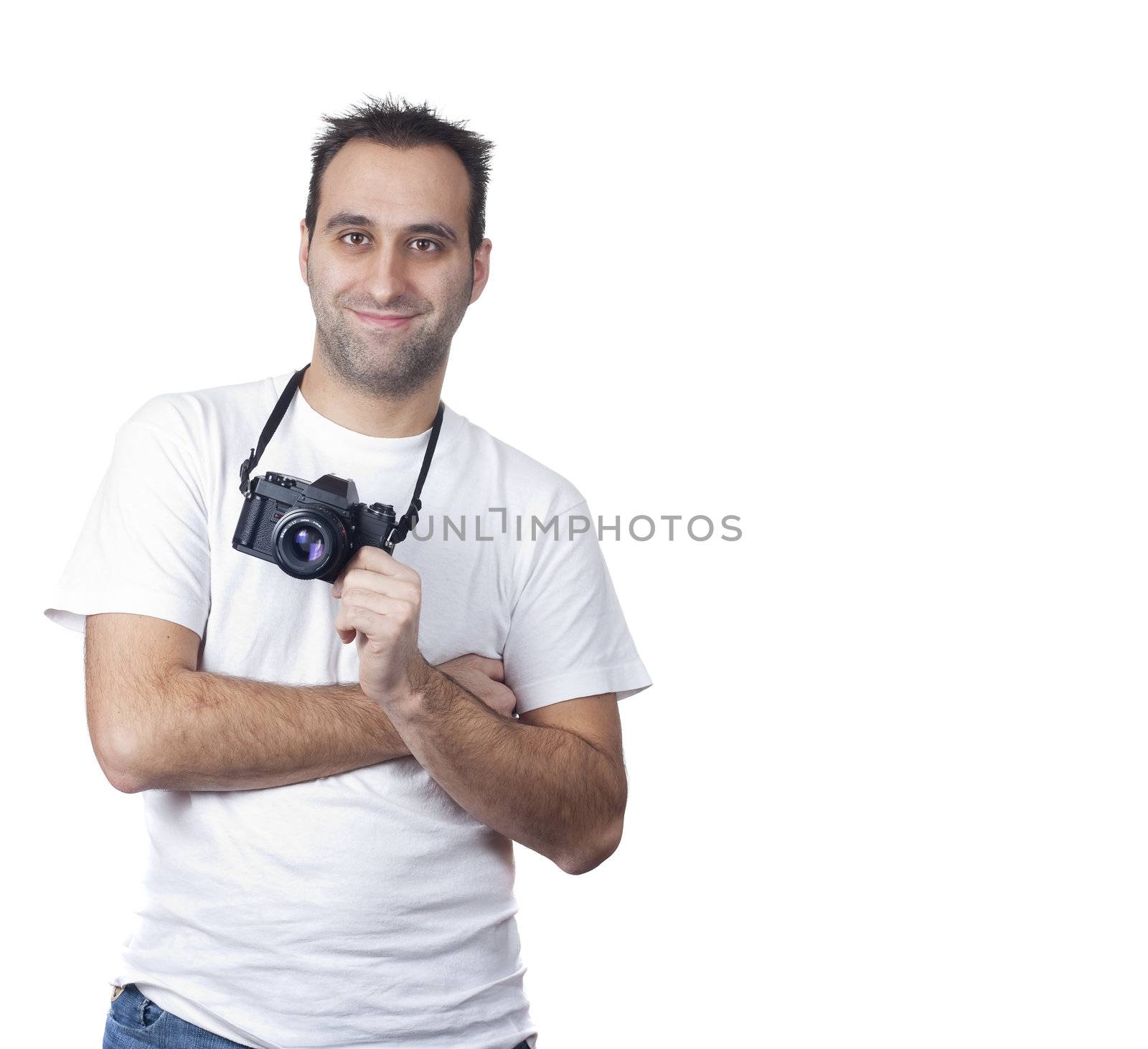 a photographer with a vintage analogic photographic camera isolated on withe background