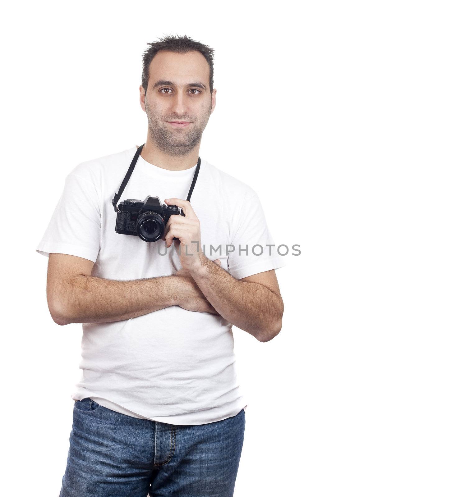 a photographer with a vintage analogic photographic camera isolated on withe background