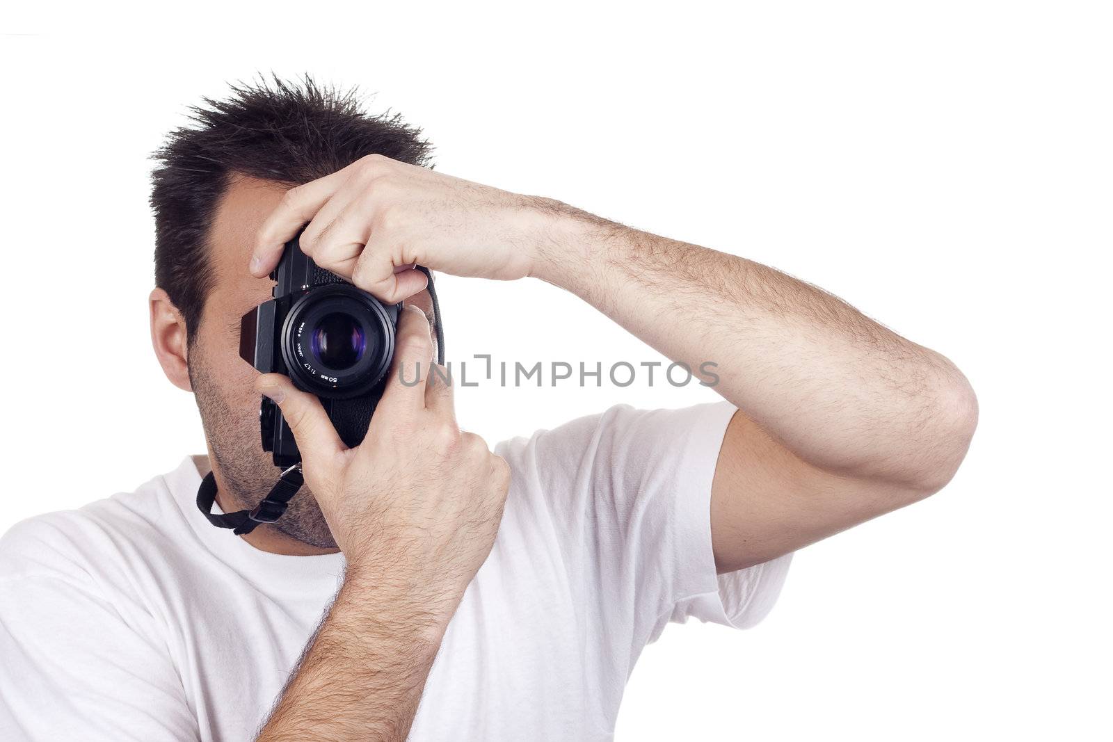 a photographer with a vintage analogic photographic camera isolated on withe background