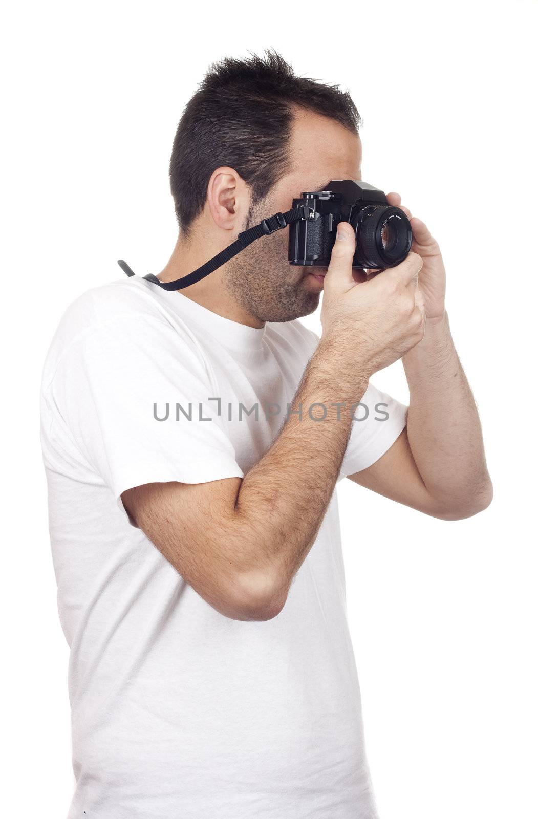 a photographer with a vintage analogic photographic camera isolated on withe background